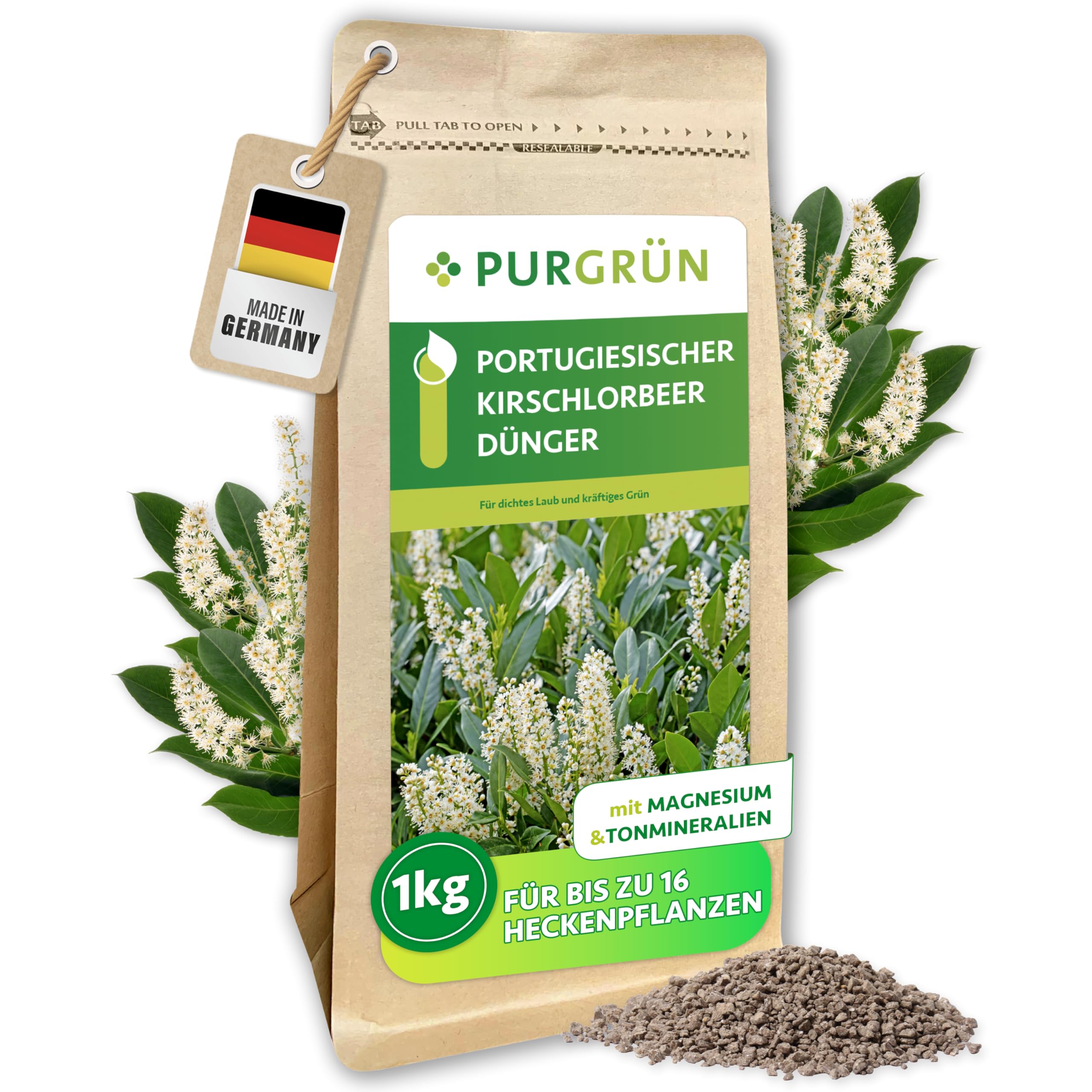 Portugiesischer-Kirschlorbeer-Dünger 1 kg – Extra Magnesium für sattgrüne Blätter – Fördert schnelles Wachstum für eine dichte Hecke – Feines Krümelgranulat für ca. 30 Heckenpflanzen