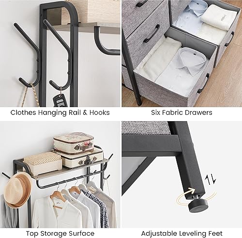 Miniatura 6 de GAOMON Perchero con 6 cajones, organizador de almacenamiento con marco de metal y parte superior de madera, perchero industrial con varillas para