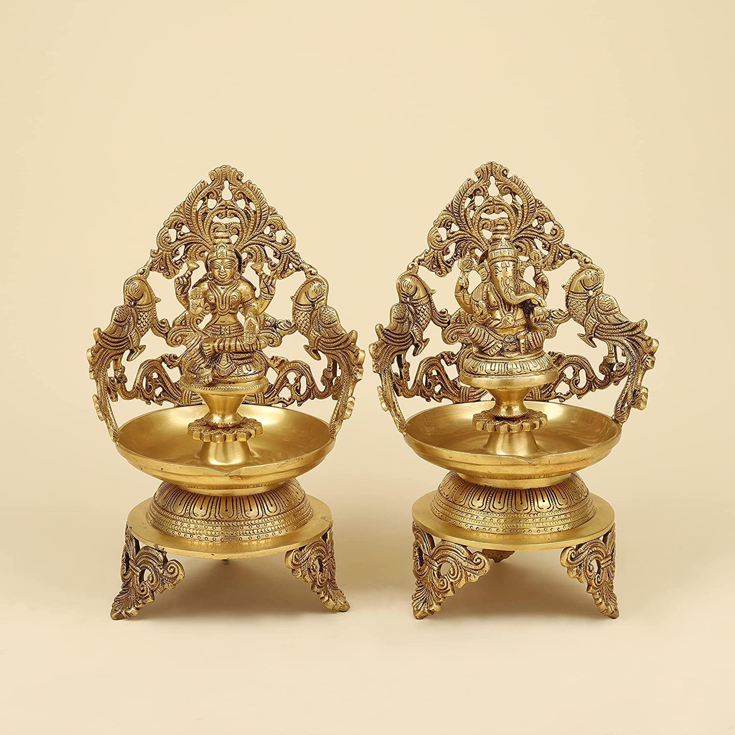 Kartique Brass Laxmi Ganesh Oil Lamp Diya Deepam for Temple Aarti Deepak Pooja Jyot Gold Color Height 13.5 Inch