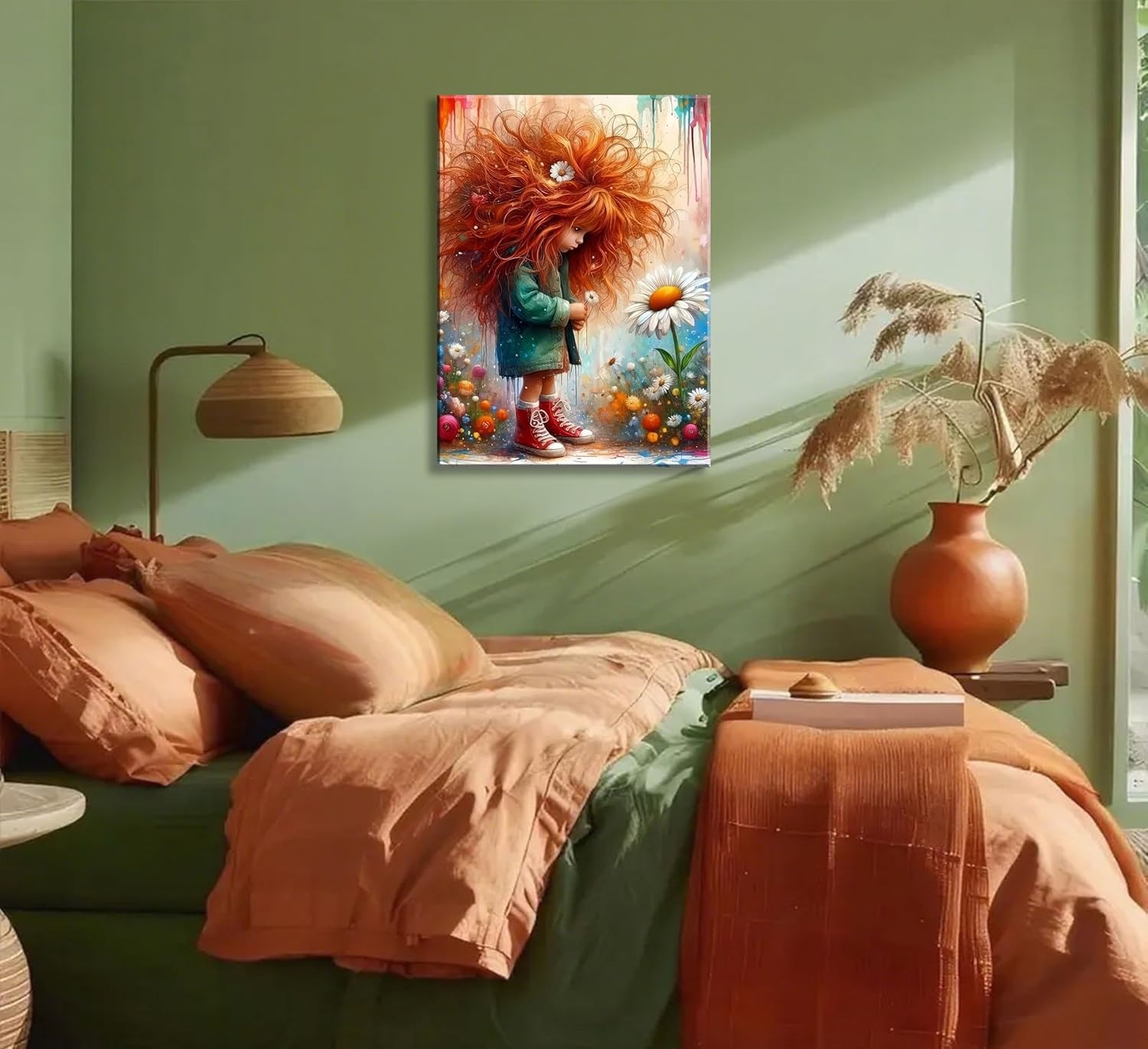 Girl And Daisy Canvas Wall Art Eclectic Girl Wall Decor Picture Boho Style Abstract Flowers Poster Print Painting for Girls Living Room Bedroom Home Decoration 16''x24'' Ready To Hang
