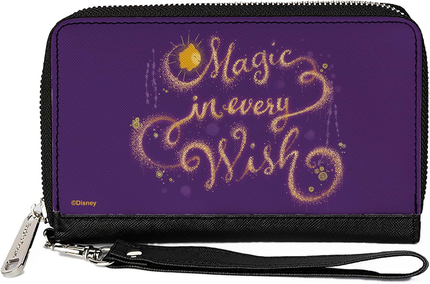 ディズニー財布、ジップアラウンド、ウィッシュスターマジックインエブリッシュスパークルポーズ パープルゴールド、ビーガンレザー