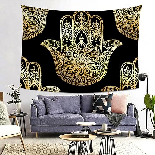 IBILIU Hamsa - Tapiz de pared para decoración de pared, estilo indio, amuleto judío, dorado y negro, tapiz colgante para dormitorio, sala de estar,
