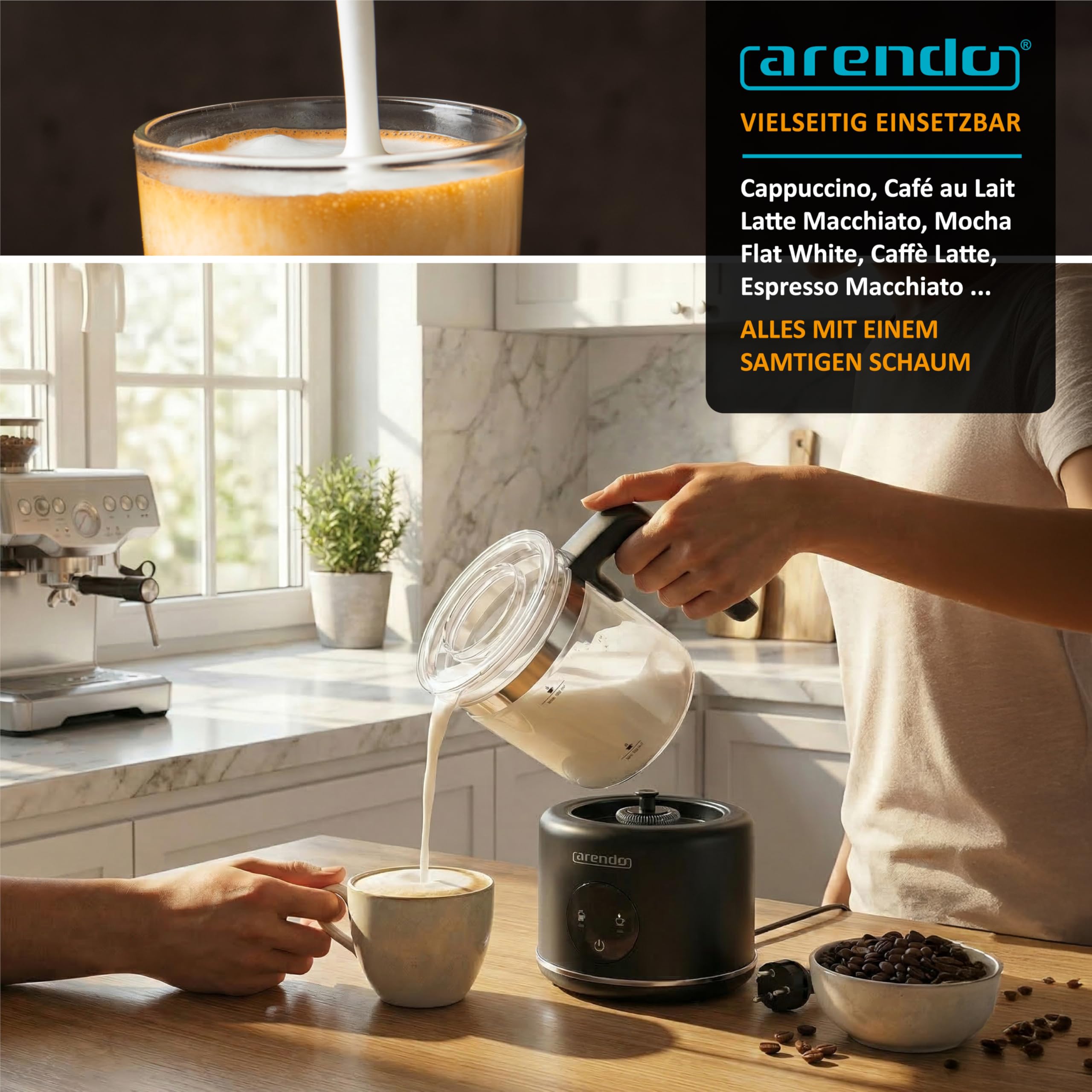 Arendo – Milchaufschäumer elektrisch – 500 ml – 6 Automatikprogramme – Milchschaum für heiß und kalt – 2 Einsätze – Milchschäumer für Cappuccino Latte Macchiato heiße Schokolade