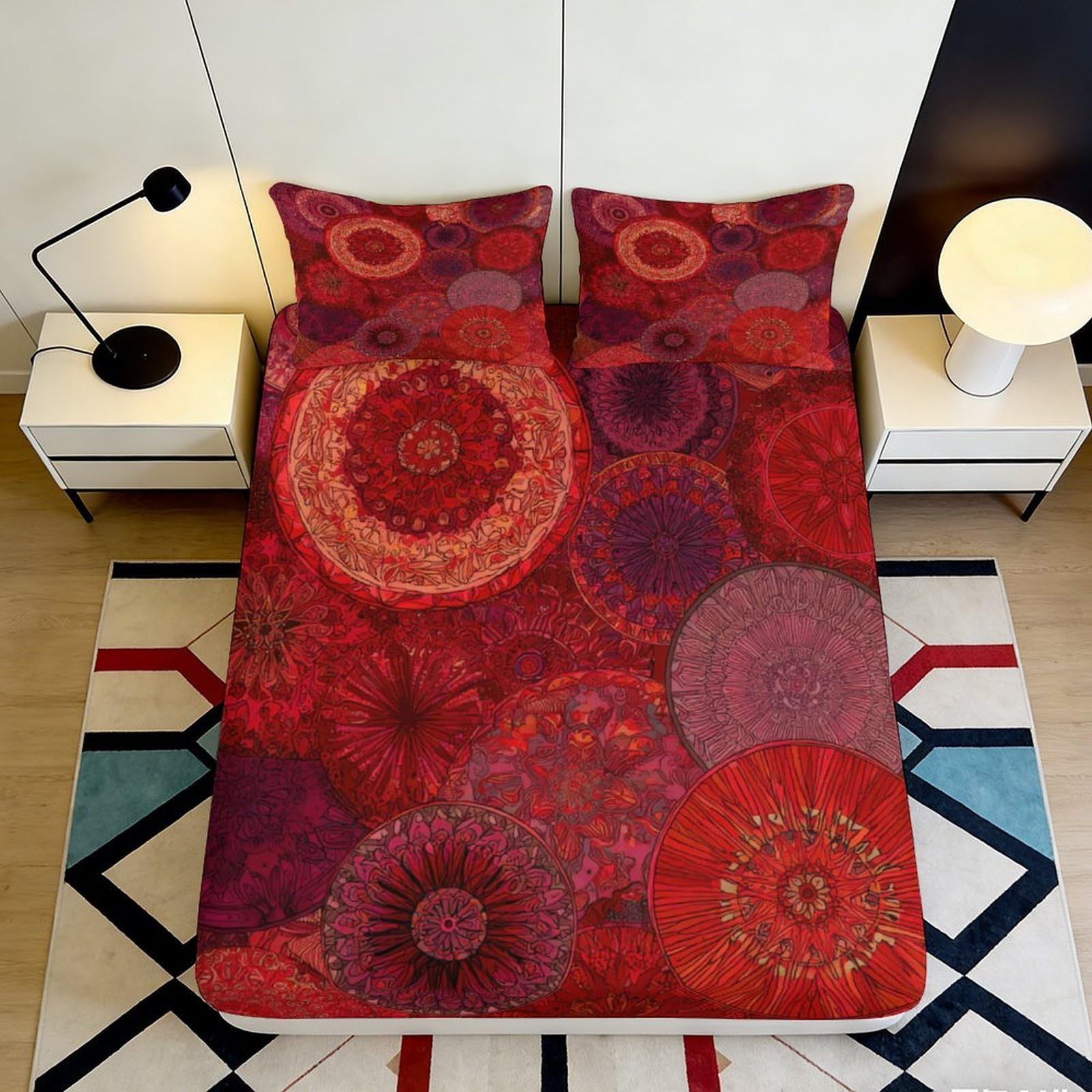 Jqzkxnhpbr Style-10 3D Printed Red Floral Fitted Sheet Microfiber Soft Breathable Abstract Mandala Mattress Cover For Bedroom Decor 90X200x25cm