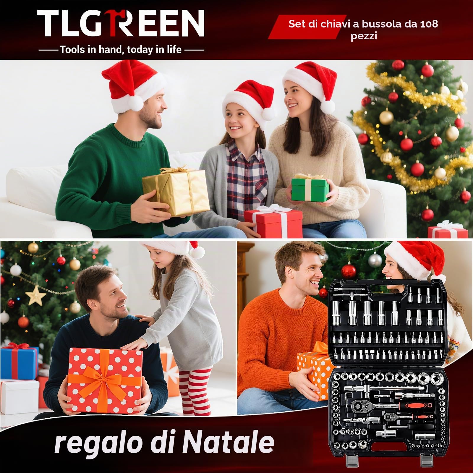 TLGREEN Set di chiavi a bussola da 108 pezzi set di chiavi a cricchetto Cr-V scatola a cricchetto scatola a cricchetto con inserto per chiave a bussola esagonale reversibile da 1/4" e 1/2" a 72 denti