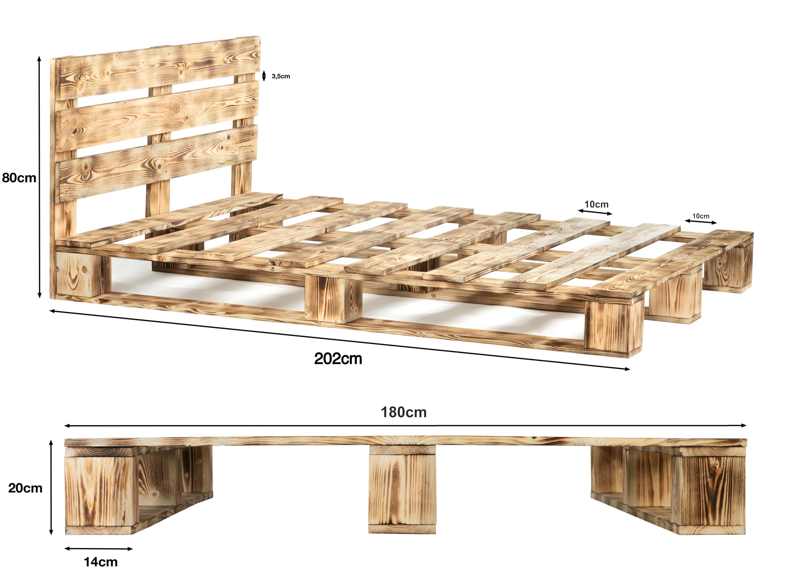 Palettenbett M1 aus Holz 180 x 200 cm Geflammt mit Kopfteil Holzbett 20cm Stabiles Seniorenbett Kinderbett Jugendbett Gästebett erhöhtes Einzelbett Bettgestell Futon Komforthöhe Naturholz