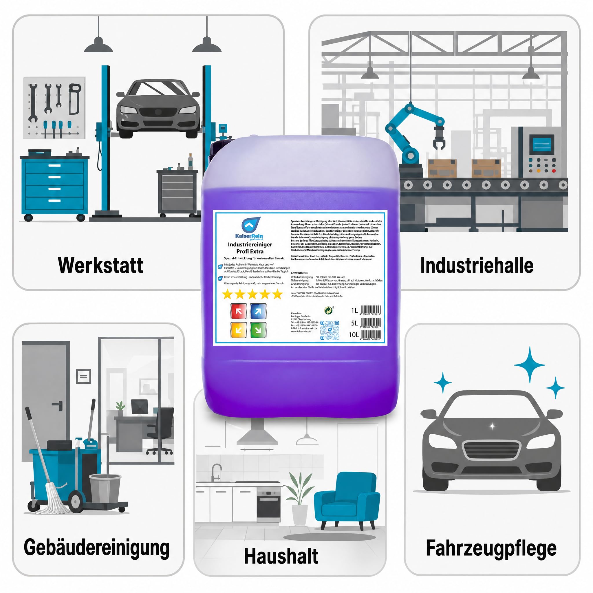 KaiserRein Allzweckreiniger Konzentrat – Industriereiniger Profi Extra,10 L Kanister Universalreiniger für Werkstatt & Haushalt, nicht schäumender Bodenreiniger für Maschinen,