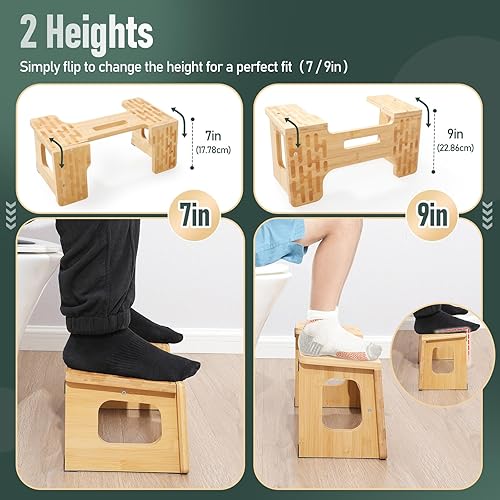 Miniatura 3 de Taburete de inodoro de bambú reversible, ajuste de altura de 7 pulgadas y 9 pulgadas, adecuado para adultos y niños, desde sentado hasta posición de