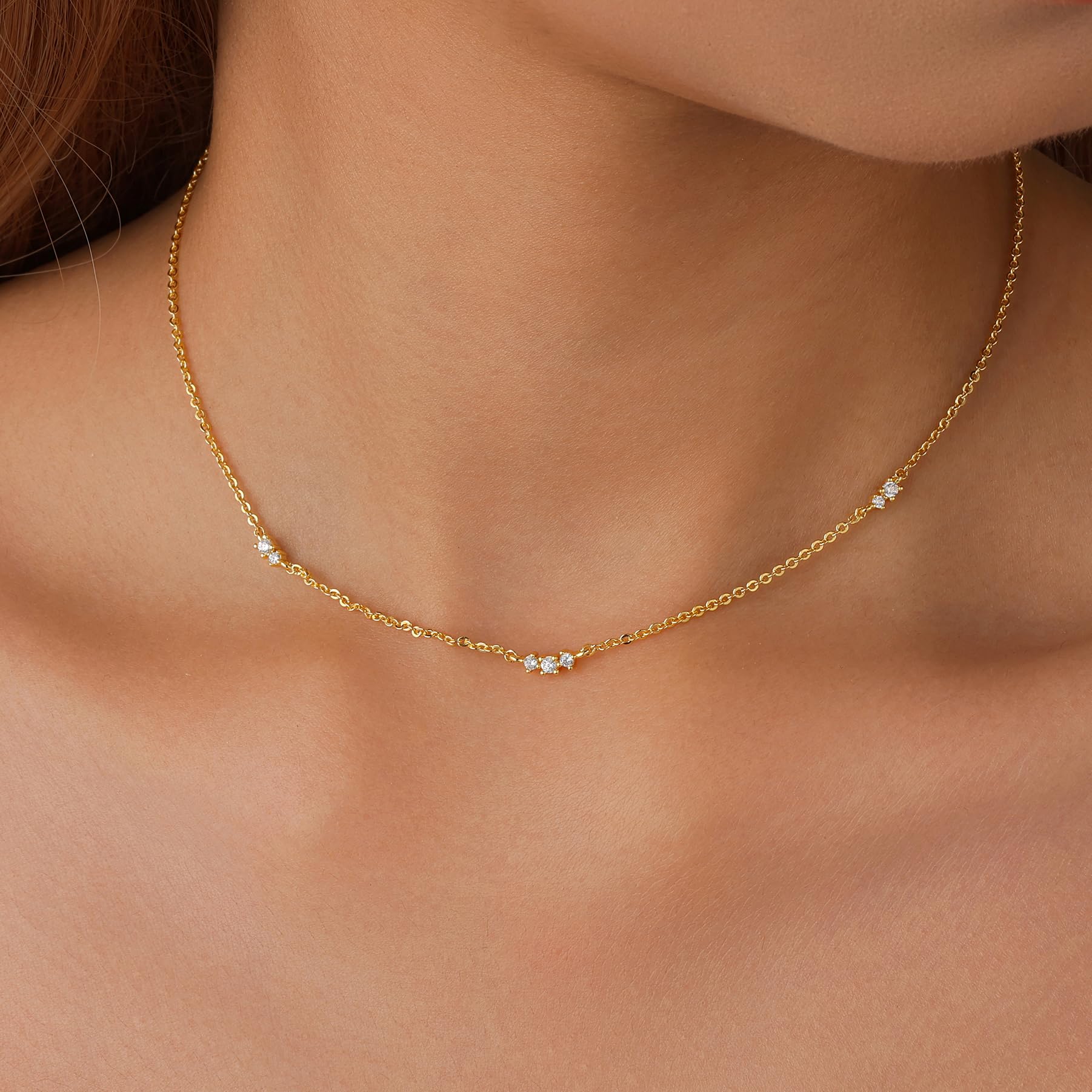 SWEETASK Gold Necklace for Women Dainty 14k Gold Plated Silver CZ Diamond Thin Choker Necklace Trendy Small Layering Chain for Women Non Tarnish Free Womens Simple Waterproof Jewelry 14 16 18inch — view 6