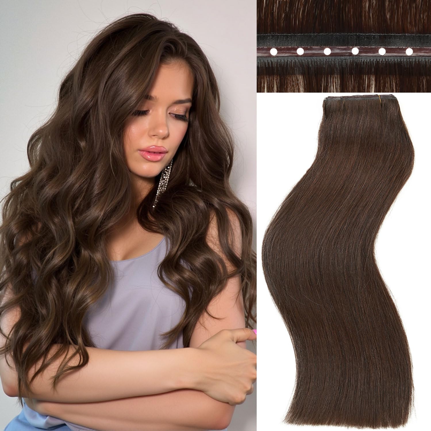 Photo 1 of FANCEE Butterfly Genius OVO Weft - Simulated Scalp Human Hair Extensions, Double Invisible Weft with Micro Bead, 100% Remy Human Hair, 22 Inch Brown, 100g (7 Pieces)