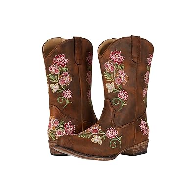 Roper Kids Juliet (Toddler/Little Kid) Girls Shoes Brown Faux Leather Vamp/Floral Embroidery