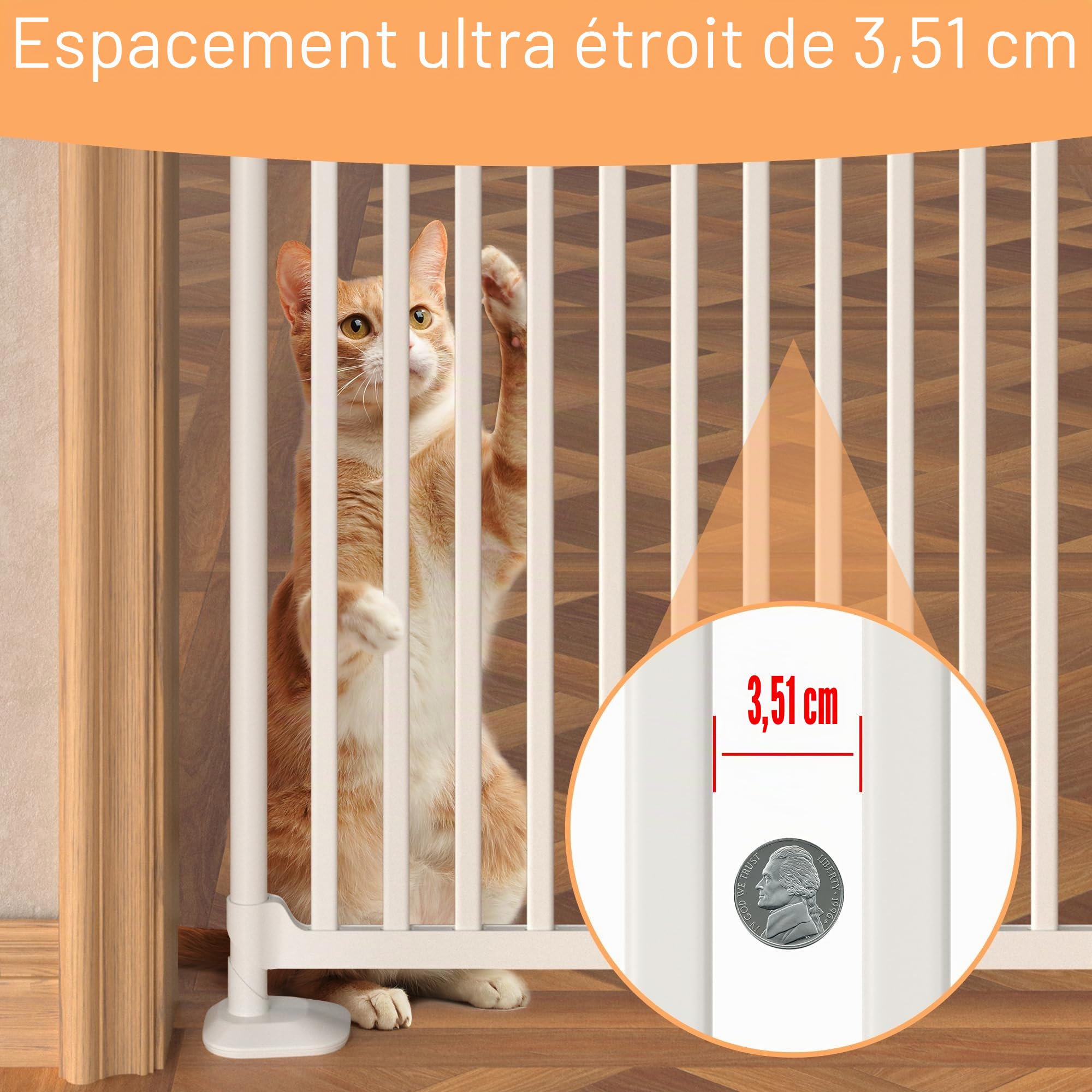 Barrière de sécurité pour chat de 180,3 cm de haut, 86 à 90 cm de large, espace extra étroit de 3,4 cm, fermeture automatique, sans perçage, double porte pour animaux de compagnie pour portes, cuisine