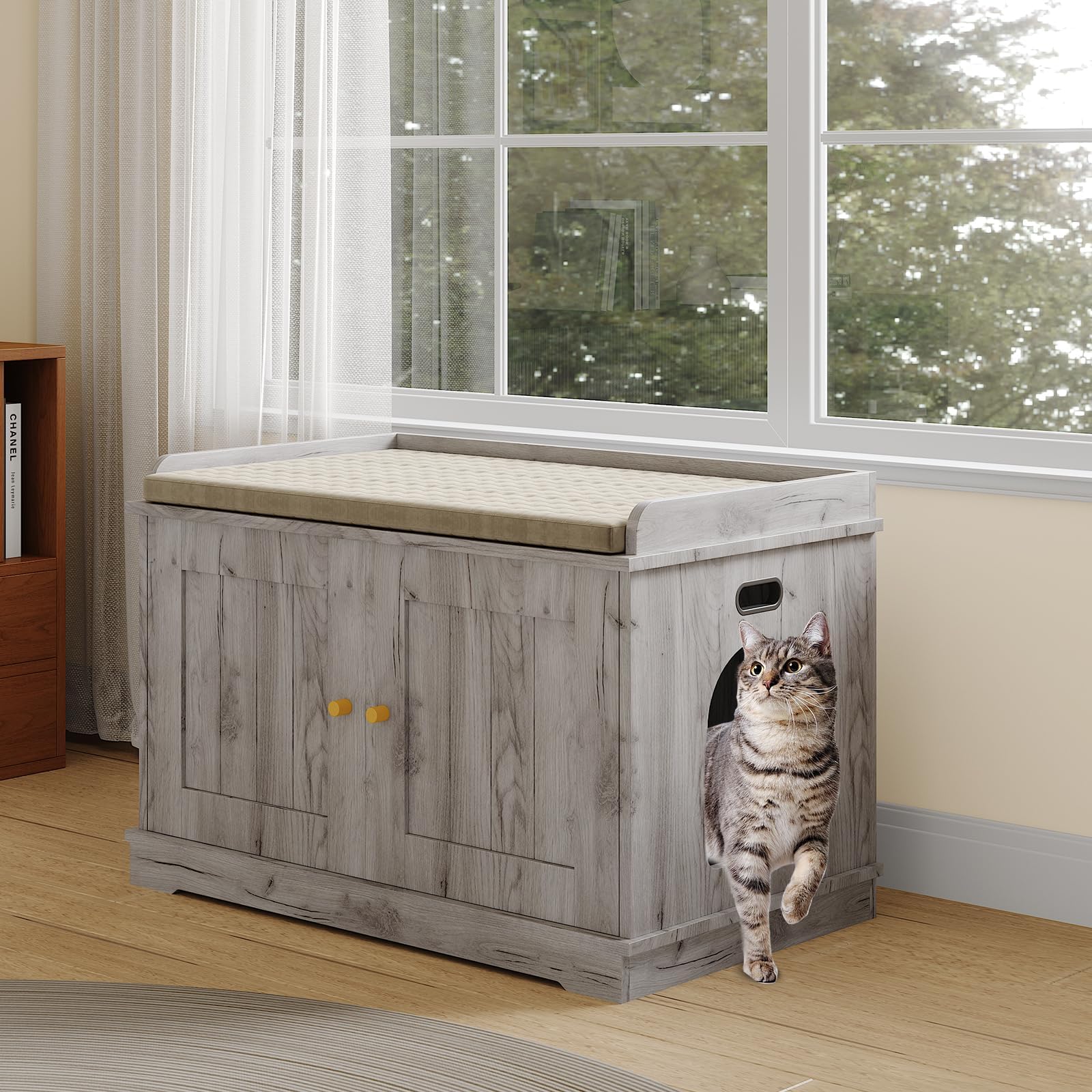 Cat Litter Box Enclosure – Hidden Litter Box Furniture with Cosy Perch, Fits Most Standard Litter Trays, Pet Washroom Furniture for Hallway, Bedroom & Living Room, 80 x 53 x 50 cm – White