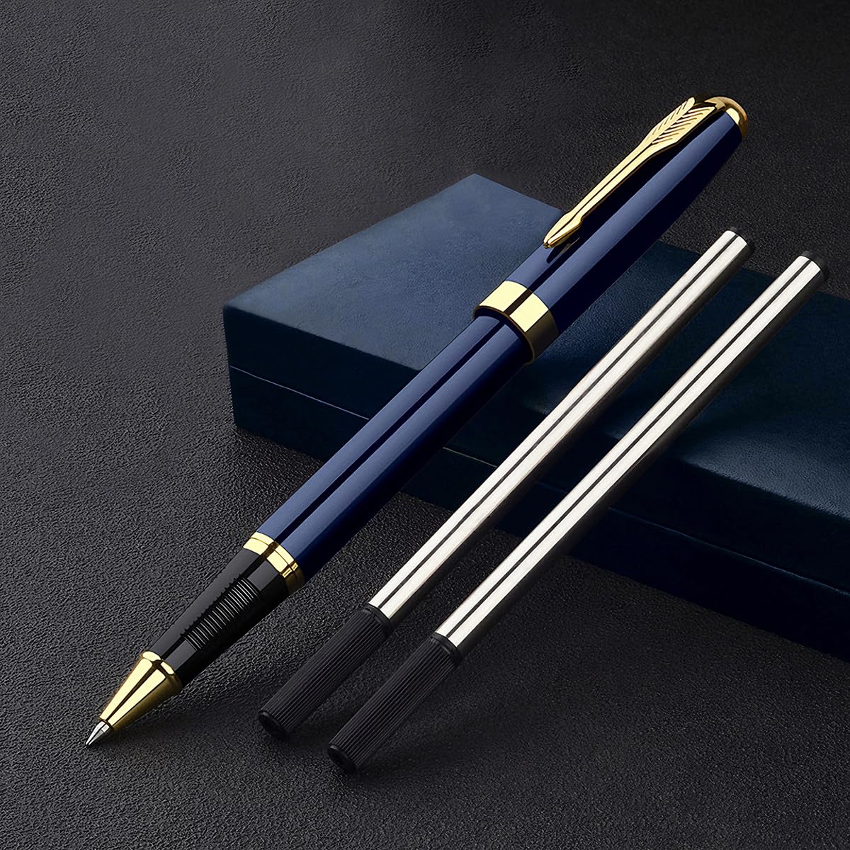 Juego de bolígrafos de metal (tinta negra), bolígrafo metálico azul oscuro, juego de bolígrafos personalizados: profesional y hermoso