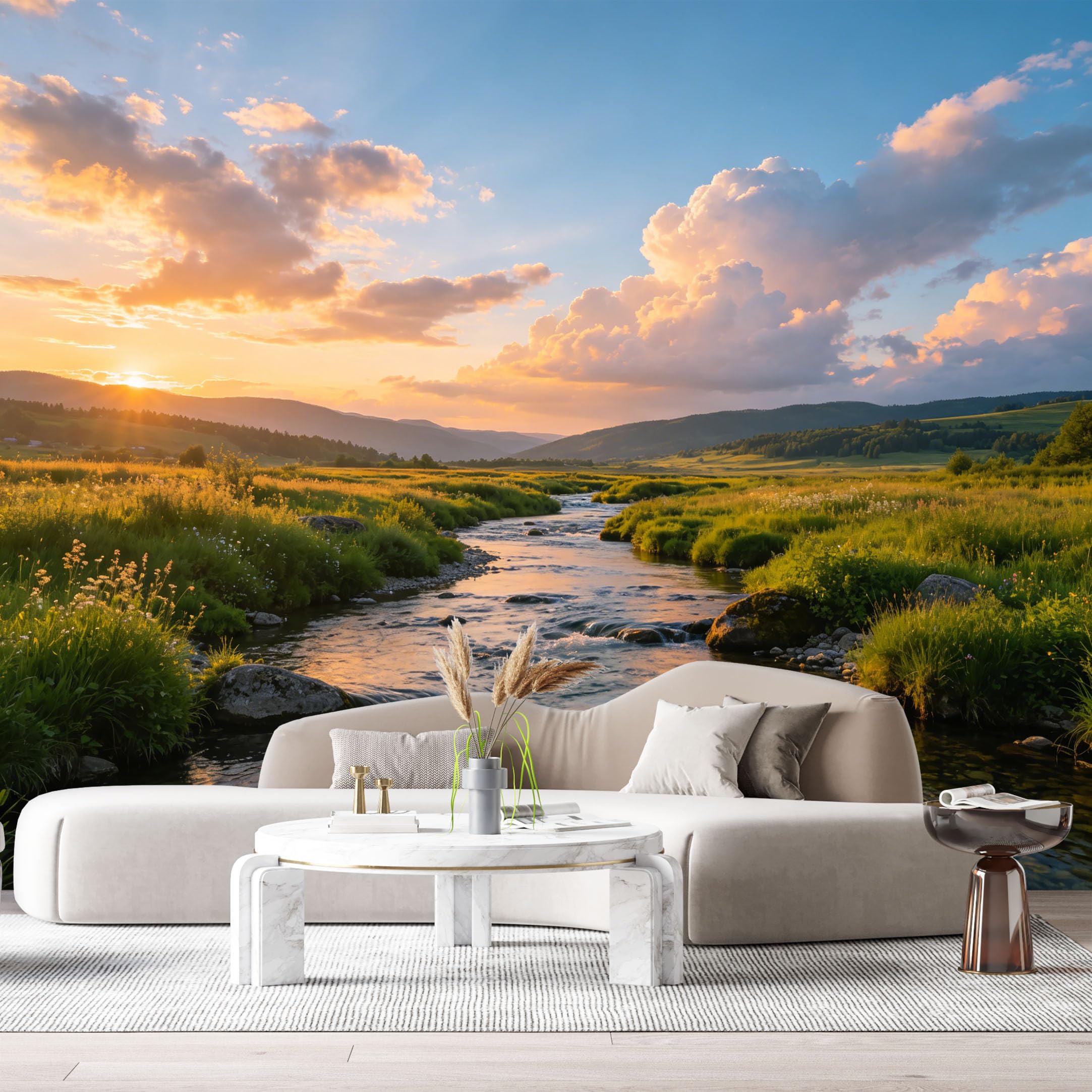 Custom Size Wall Murals Sunset River Landscape Watercolor Meadow Valley Horizon SelfAdhesive Wall Fabric Removable Large Wallpaper for Photo Living Room
