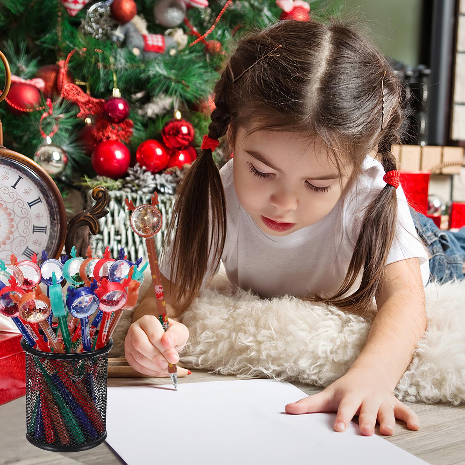 WOONEKY 36 Pièces Lot de Stylos Gel à Encre Fluide Thème Noël avec Toppers Renne Paillettes pour Écriture Lisse et Cadeaux Festifs