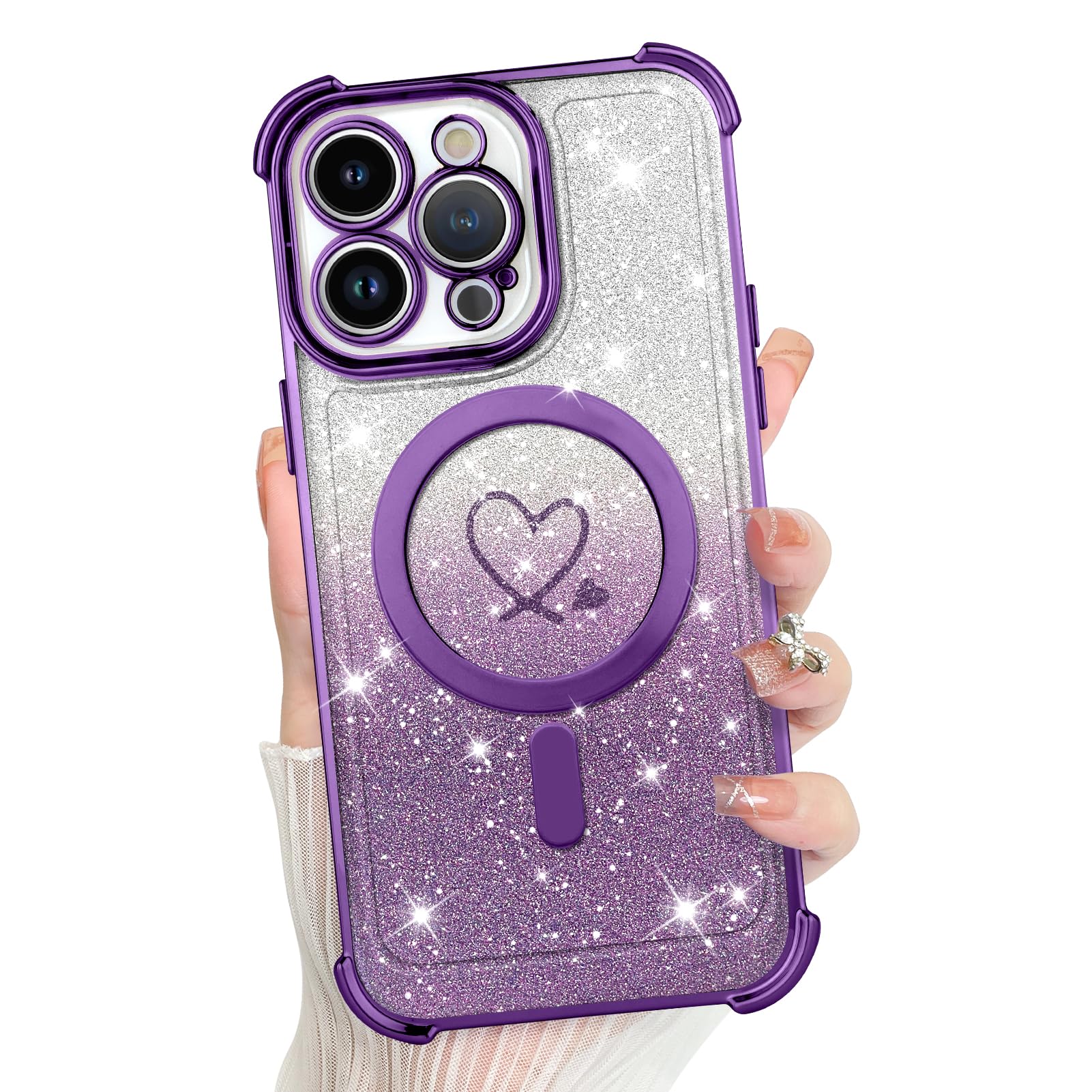 KANGHARfor iPhone 15 Pro Max Case, Support for MagSafe [Four Corner Cushion Series] Love Heart Pattern Electroplate Edge Shockproof Durable Full Body Protection for Girls Women -Purple