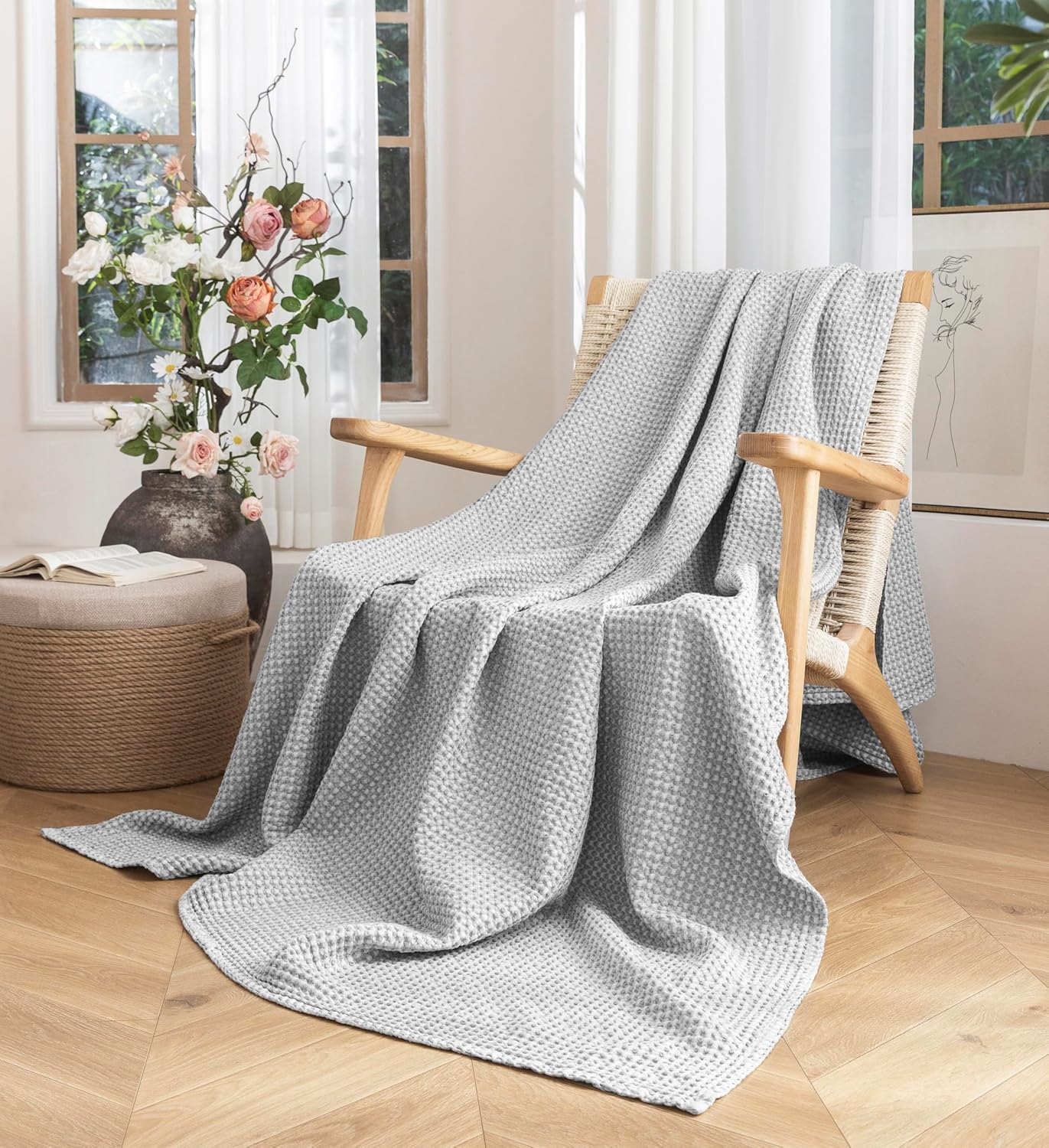 Talasily Couverture 100 % coton - 150 x 200 cm - Douce et respirante - Motif gaufré - Couverture légère - Couverture de canapé - Douce et douillette - Pour salon, canapé, canapé, gris clair