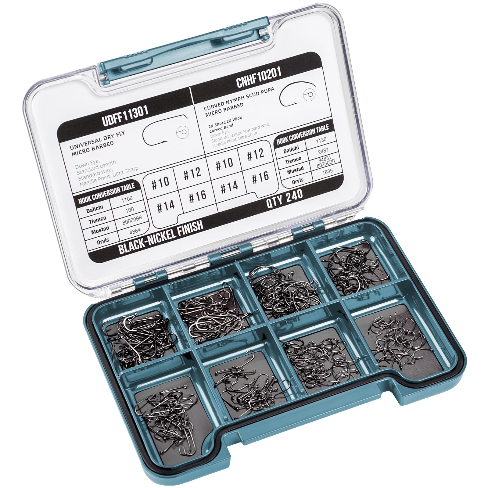 SF 10# 12# 14# 16# Fly Tying Hooks Kit Assortment Micro Barbed High Carbon Steel Standard Dry Curved Nymph Scud Pupa Fly Fishing Hook 240Pcs with Waterproof Magnetic Hook Box