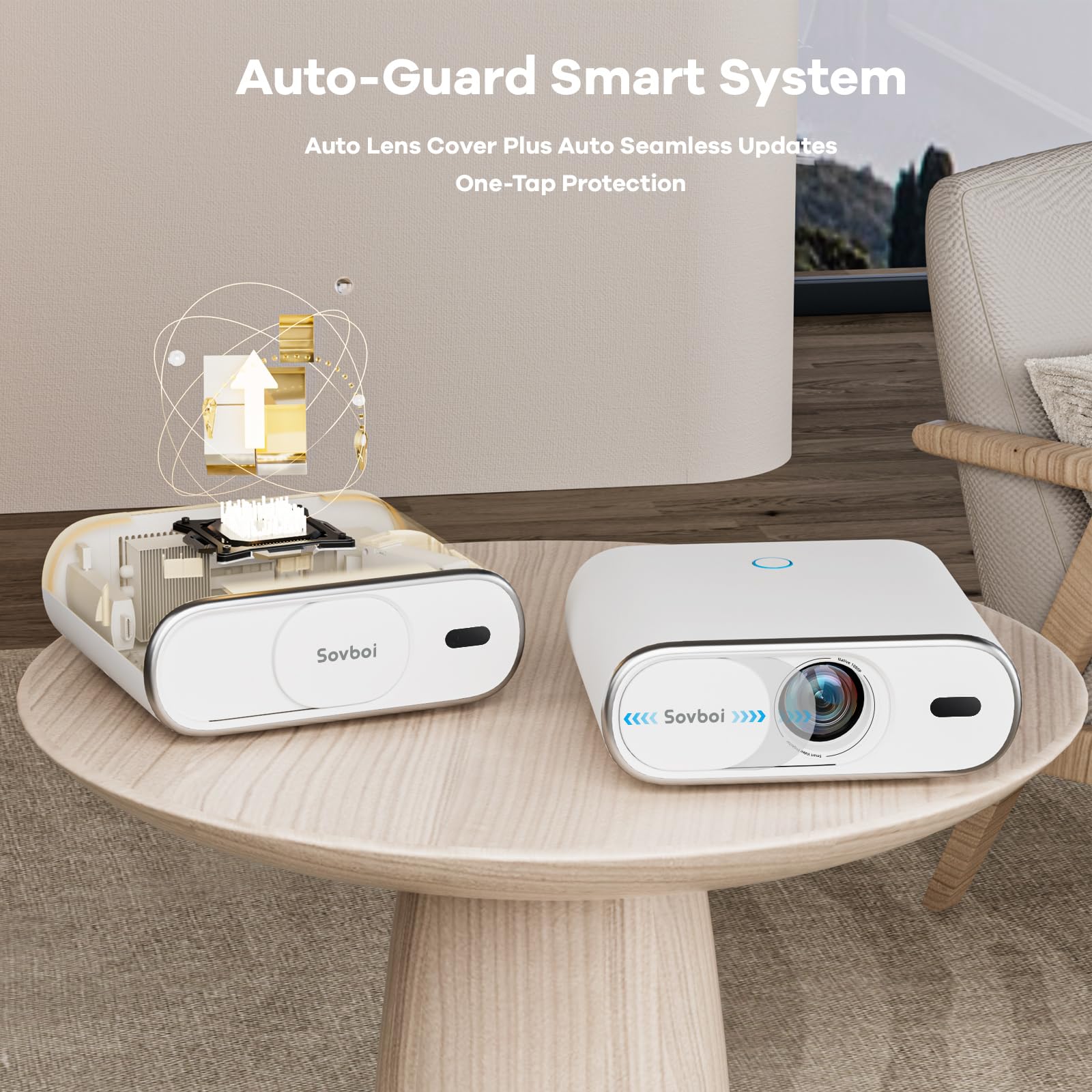 Projector Compatible with Google TV|1800 ANSI|Auto Lens Cap&4D Keystone|Auto Focus|Voice Control Portable Outdoor Projector 4K with WiFi and Bluetooth, Sovboi Smart Proyector for Netflix Home Theater