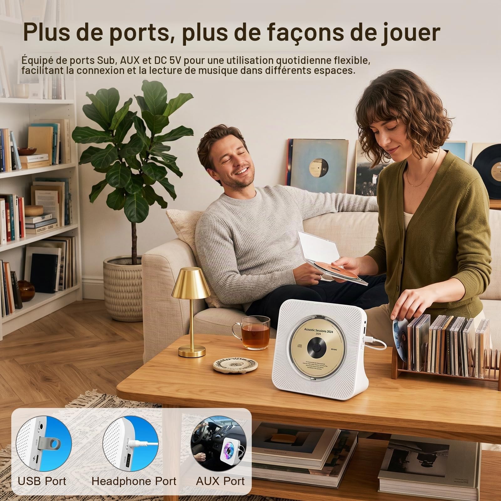 Gueray Lecteur CD Portable Mural Lecteurs CD Bluetooth de Bureau pour la Maison, Double Haut-parleurs HiFi Intégrés, Prise AUX et Casque, Radio FM Boombox avec Télécommande Port USB Écran LCD