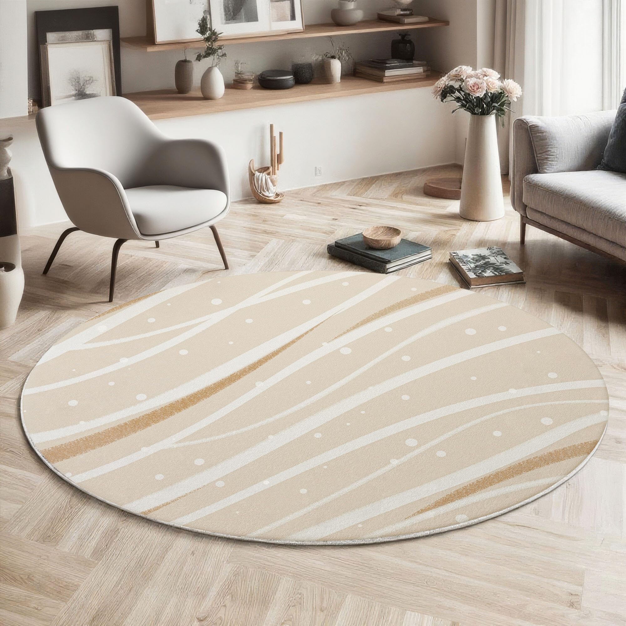 Tapis salon rond beige anti-glissant pour sécuriser les sols de la maison