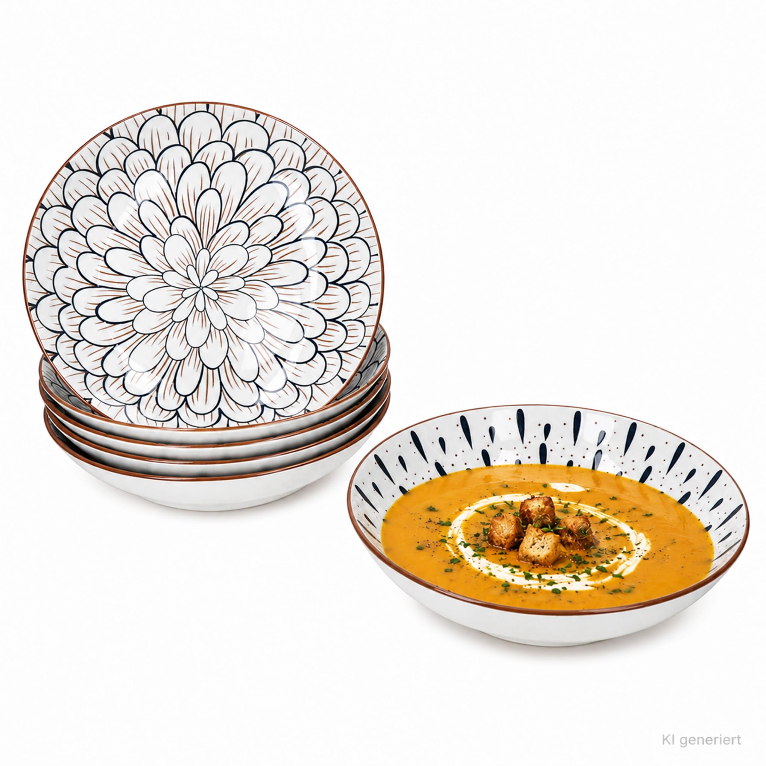 MamboCat Totto Lot de 6 assiettes creuses - Diamètre : 20 cm - En grès - Avec motif fleurs et feuilles - Bleu foncé, blanc et bord marron - Assiettes creuses pour soupe, pâtes et bols