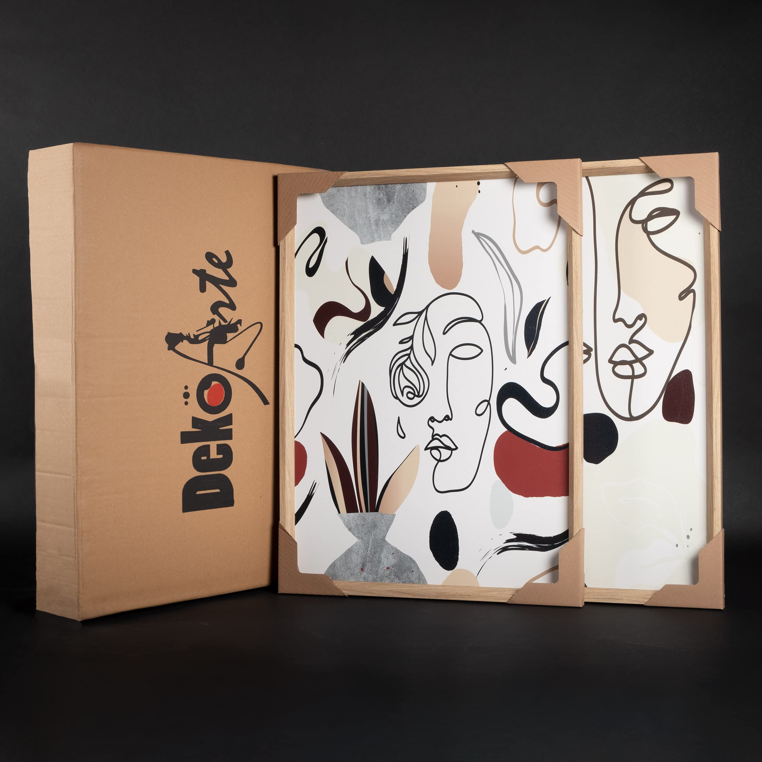 DekoArte - Tableau decoration murale salon PICASSO 50x70cm x2 cadre bois | Set 2 tableaux avec cadre couleur bois, impression visages traits Picasso en tons neutres, prêts à accrocher