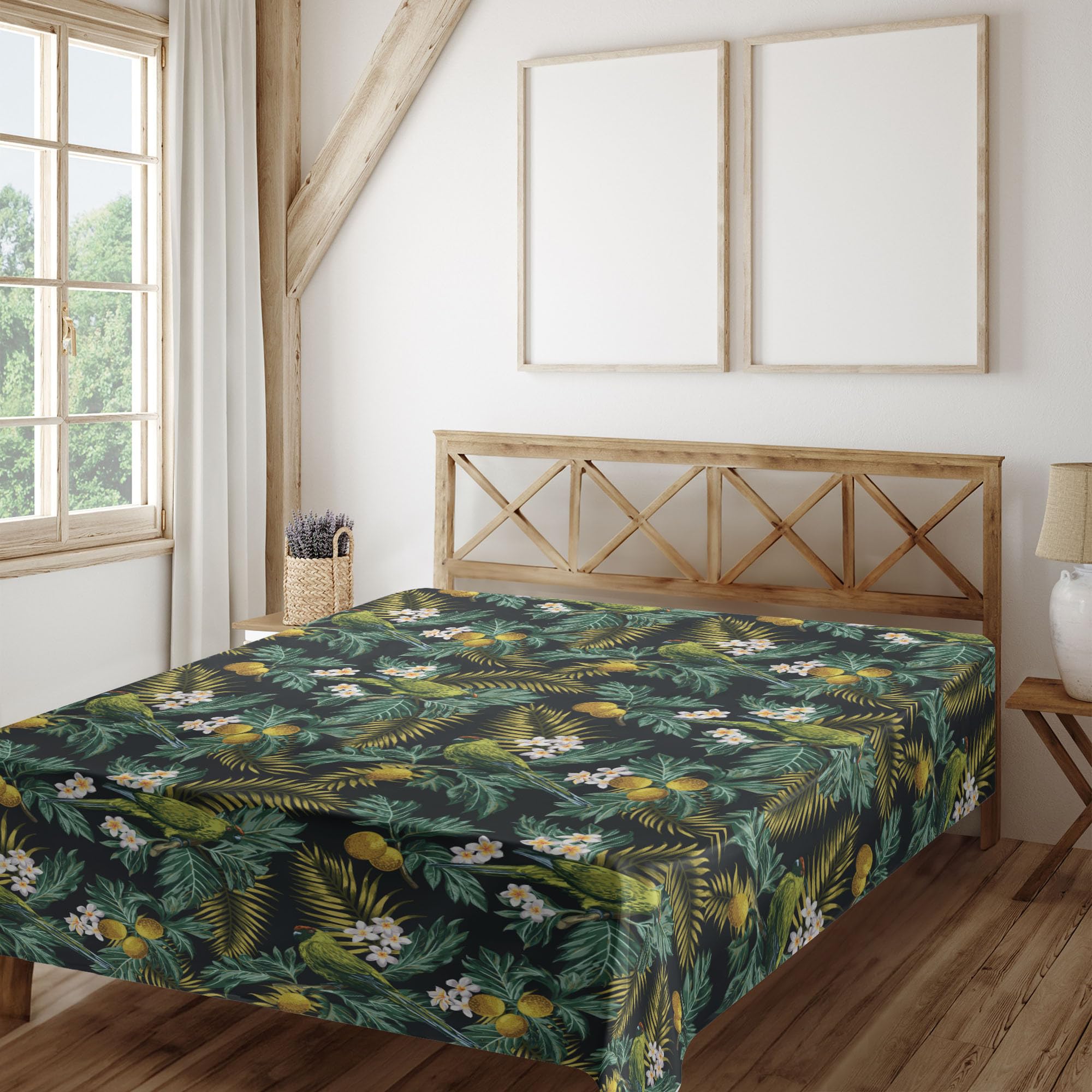 Ambesonne Tropical Flat Sheet, Hawaiian Pattern with Breadfruit Palm Leaf Plumeria Flower and Exotic Bird on Dark, Soft Comfortable Top Sheet Decorative Bedding 1 Piece, Queen Size, Multicolor