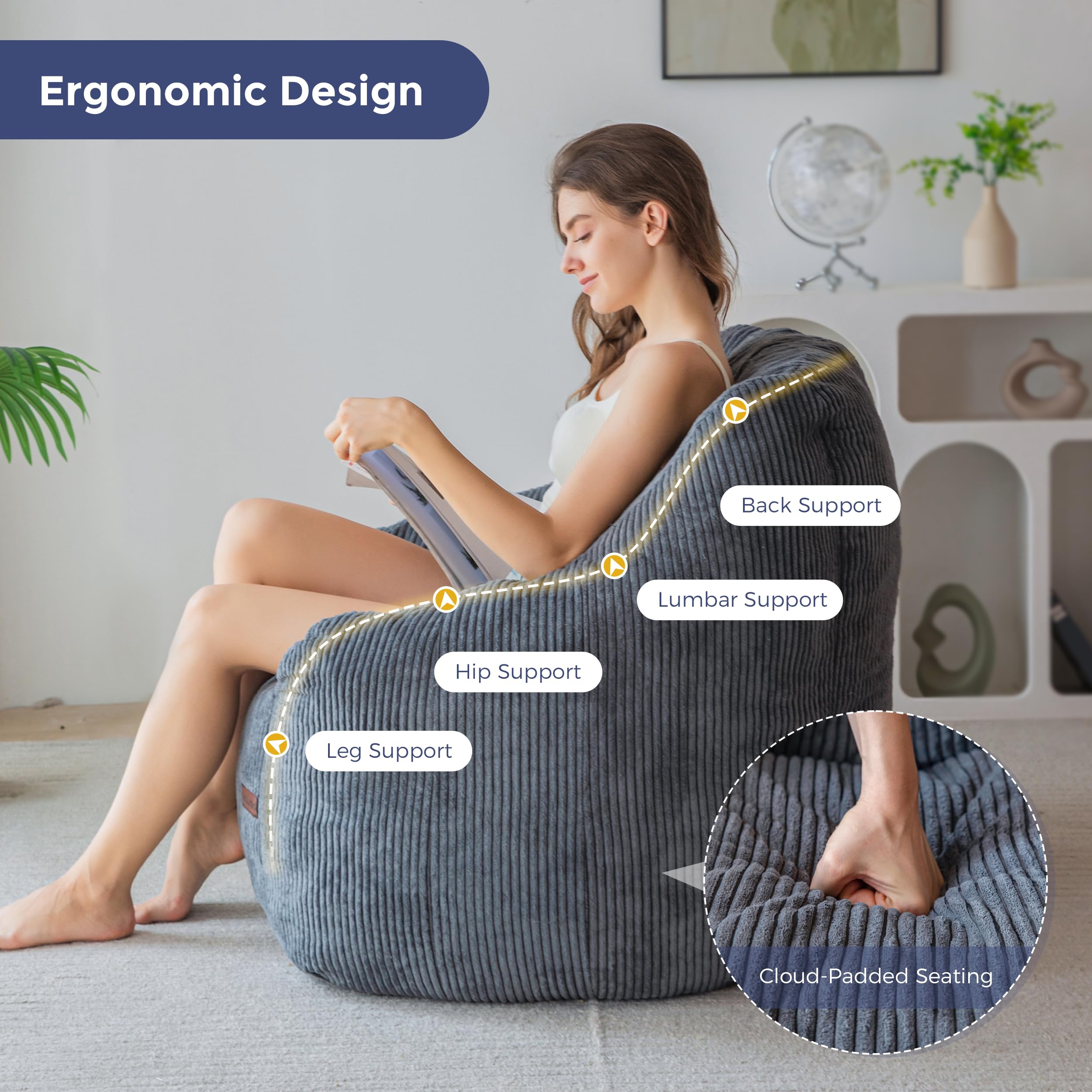 MAXYOYO Worek do siedzenia, sofa z wypełnieniem, przytulny fotel do salonu dla dorosłych i dzieci, wyściełana sofa podłogowa do sypialni, akademika i kącika do czytania