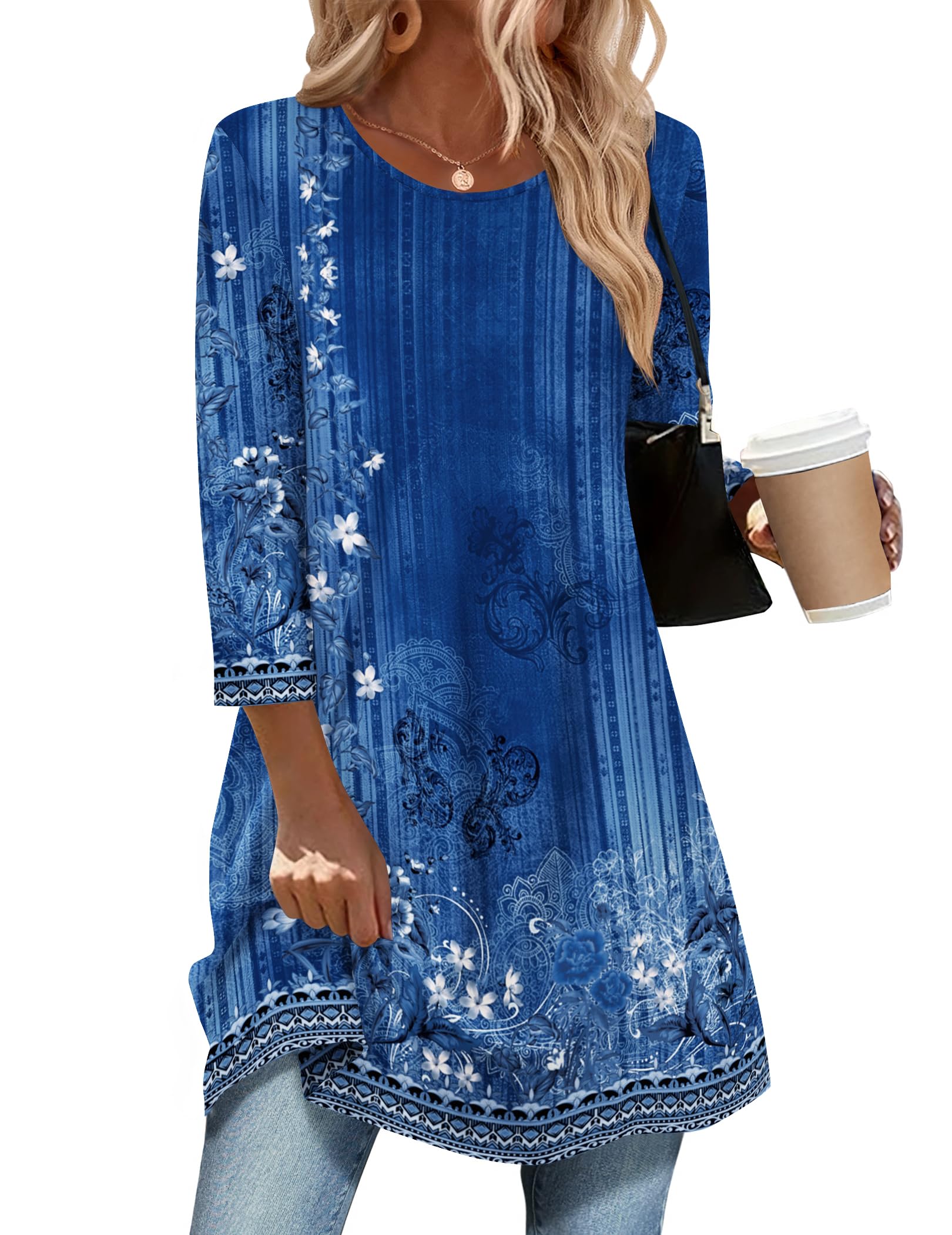 zeagoo women tops 34 sleeve dressy casual plus size tunics to wear with leggings swing flare t-shirt loose blouses s-3xl