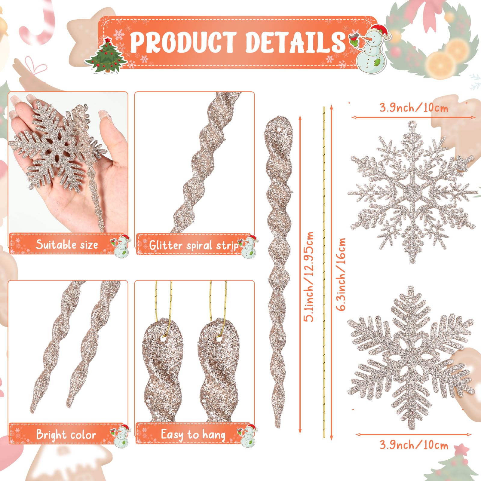 Deekin 72 Stück Schneeflocke gedrehtes Eiszapfen Ornament Set Glitzer Weihnachtsbaum Schneeflocke Spiralstreifen Behänge für Urlaub Party Hochzeit Dekorationen Winter Weihnachten Weihnachtsbaum