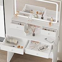 Vista 4 de IRONCK Vanity Desk with LED Lighted Mirror & Power Outlet, Makeup Vanities Table with 4 Drawers,Storage Bench,Dressing Table for Bedroom White