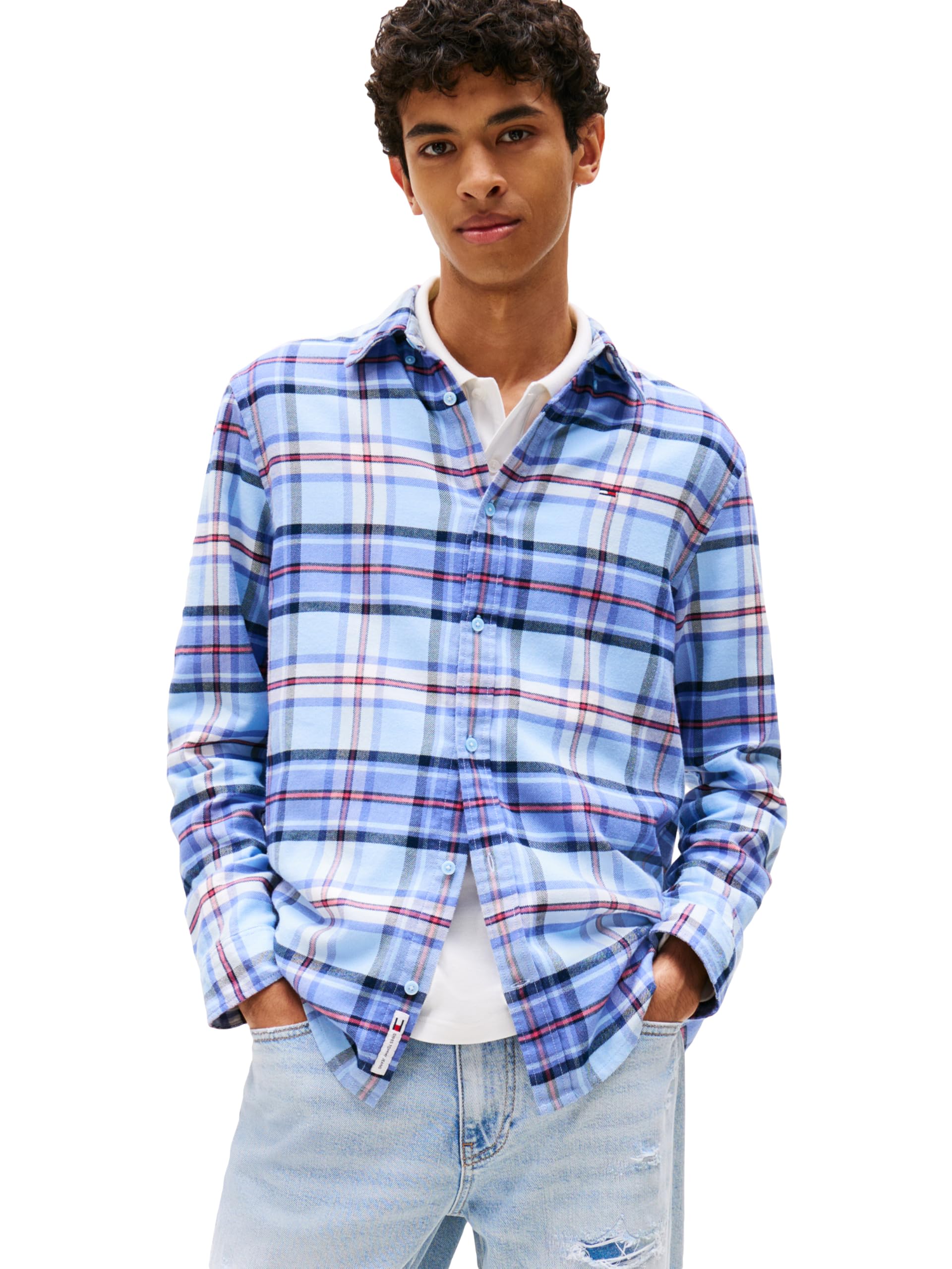 Tommy Jeans Leichtes Herren-Hemd aus Baumwollflanell, kariert, Helles Puderblau/Big Check, XX-Large