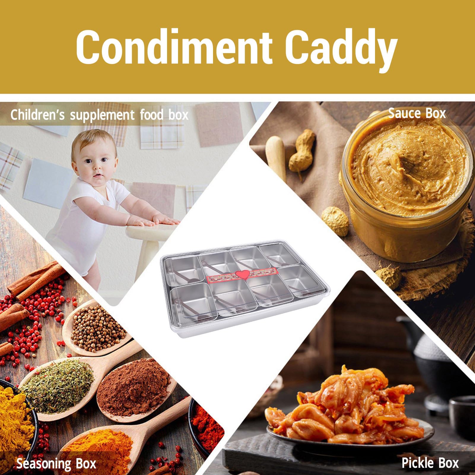 Greensen 8 Compartiments Plateau à Condiments, Bac à Condiments Refroidi par Glace Plateau de Service pour Fruits Boîte à Snacks Contenant avec Fond Antidérapant pour Accessoires (Style en acier