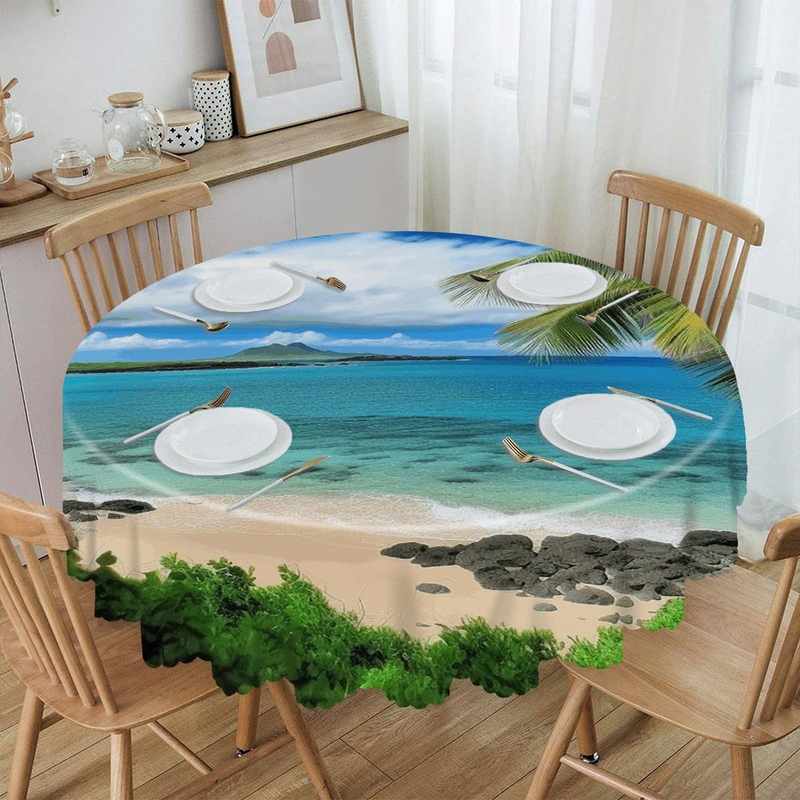 VstaDank Tropical Palm Tree Hawaii Beach Round Tablecloth Premium Polyester Table Cloth Heavy Duty Washable Fabric Tablecloth Waterproof Holiday Table Cover Decorative Tablecloths for Dining 60"