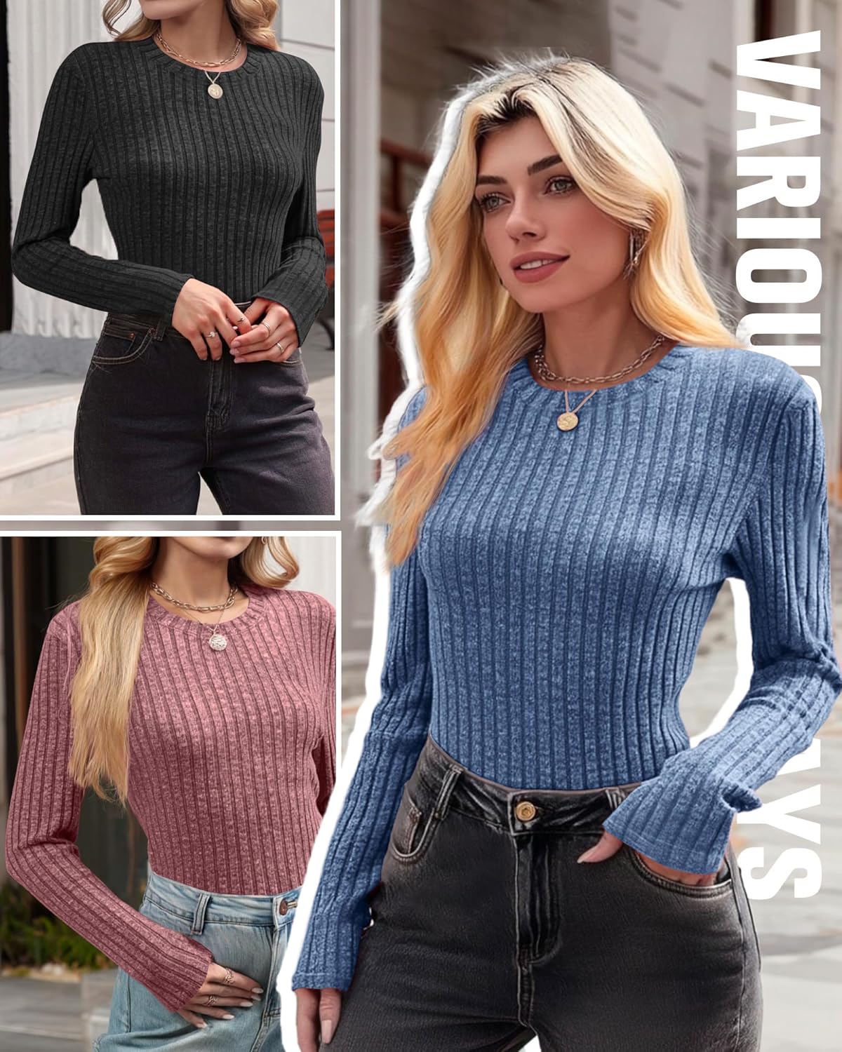 3 Pack Women's Fitted Ribbed Sweaters Tops, Long Sleeve Crew Neck Slim Fit Thermal Fall Winter Base Sweater - Image 5