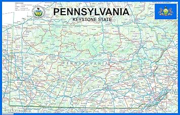 Tiger Moon Pennsylvania State Map - 22.5 x 14.4 Inches, Laminated, Full Color Travel Wall Map