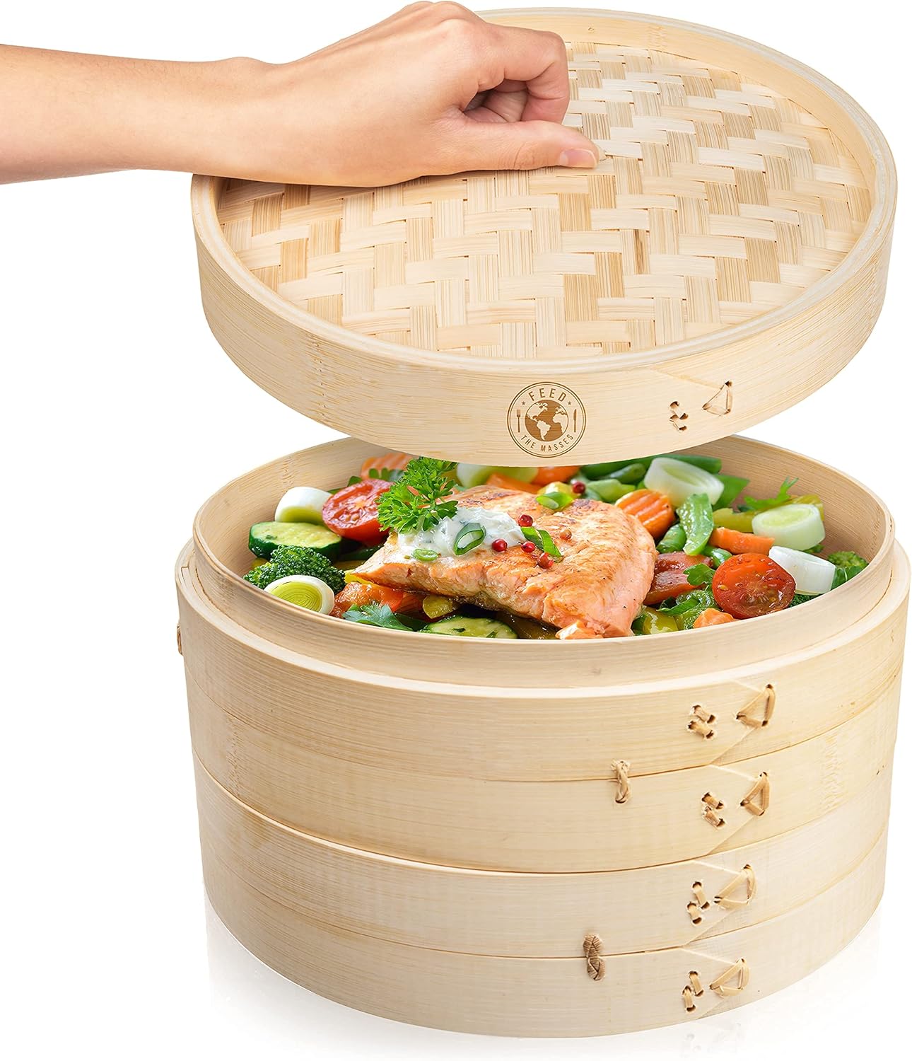 Feed the Masses - Premium Bamboo Steamer 10 Inch 2-Tier with Lid - Asian Bamboo Dumpling Steamer For Bao Bun, Dim Sum, And Rice - Chinese Steaming Basket Set For Meat, Fish, and Veggies - Easy Clean: Home & Kitchen