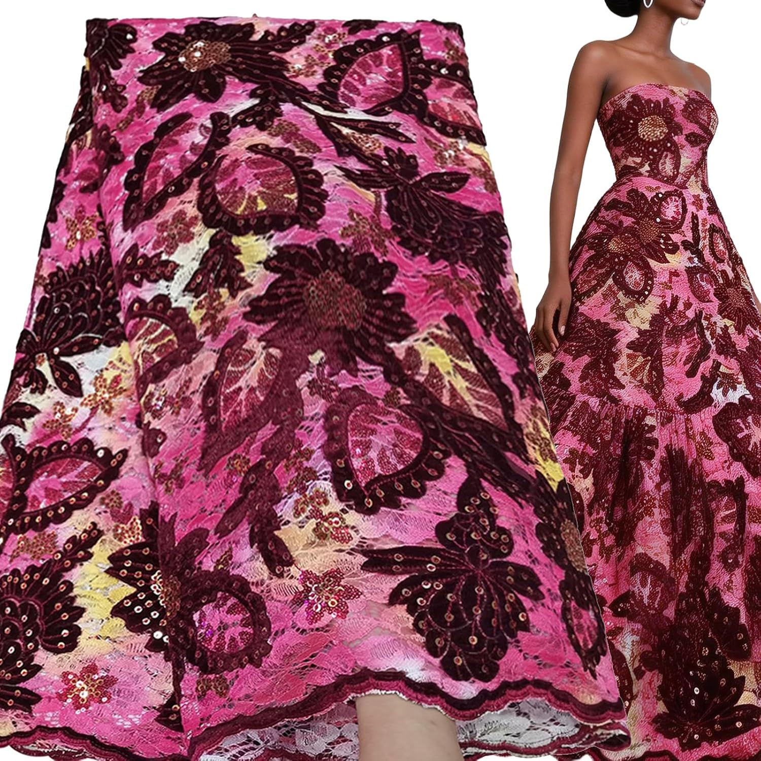 Bestway Coral African Lace Fabric 5 Yards Laser-Cut Velvet Sequins Embroidery Floral Nigerian Fabric Rashel Net for Wedding Party Dress