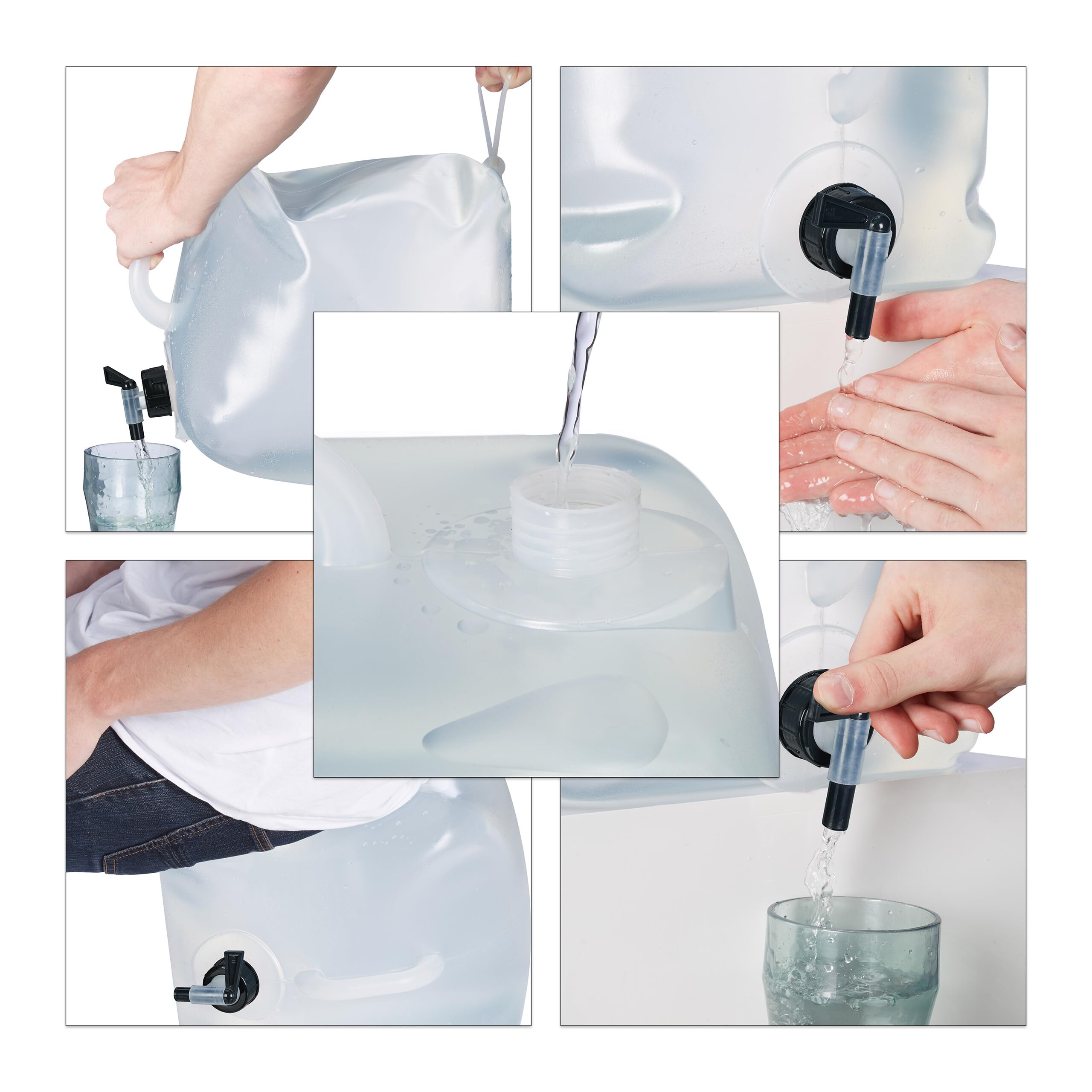 Relaxdays Jerricans carrés pliants en Lot de 4, Contenant à Eau, avec Robinet, sans BPA, 10 litres, Transparent
