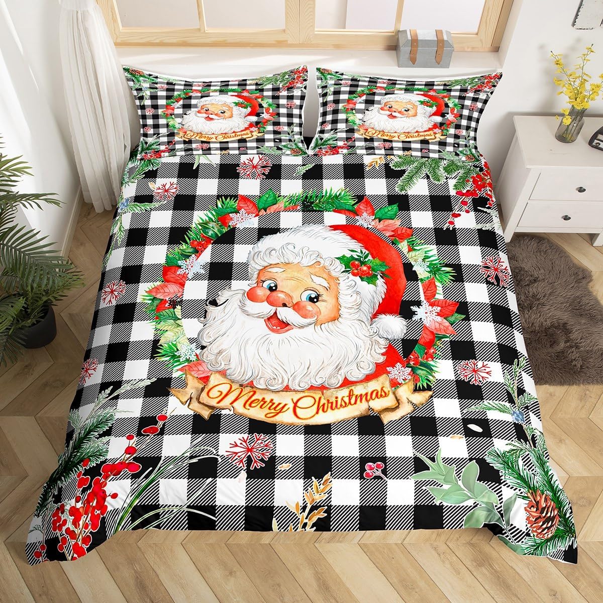 Merry Christmas Children's Duvet Cover Set M Size, Christmas Tree Berry and Santa Claus Bedding