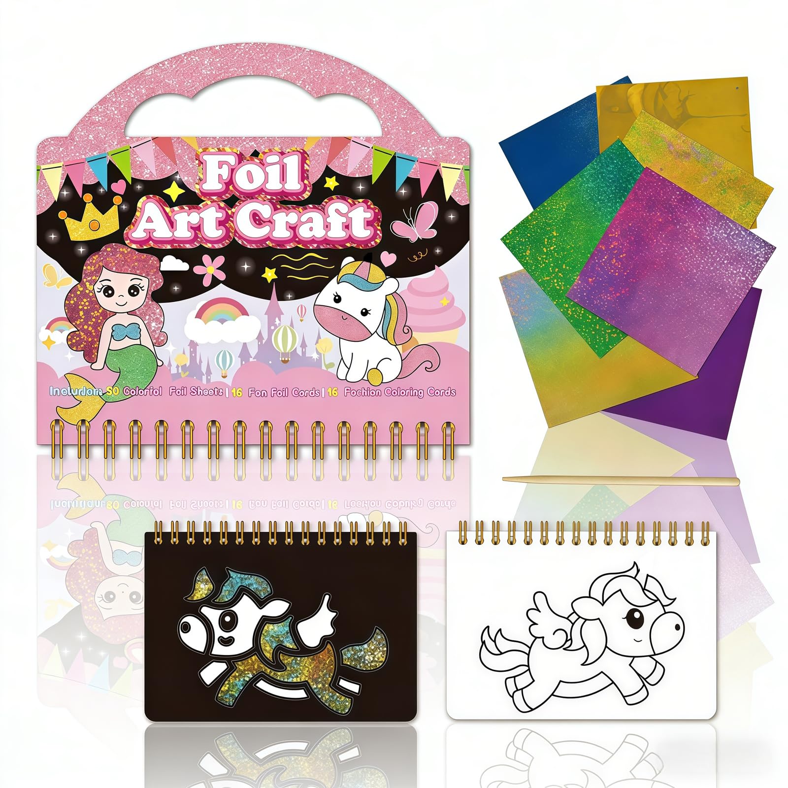 BiFlower Foil Art Craft, No Mess Coloring Book, DIY Creative Activity Travel for Children Age 4-9, Gift for Boys and Girls, Princess Theme