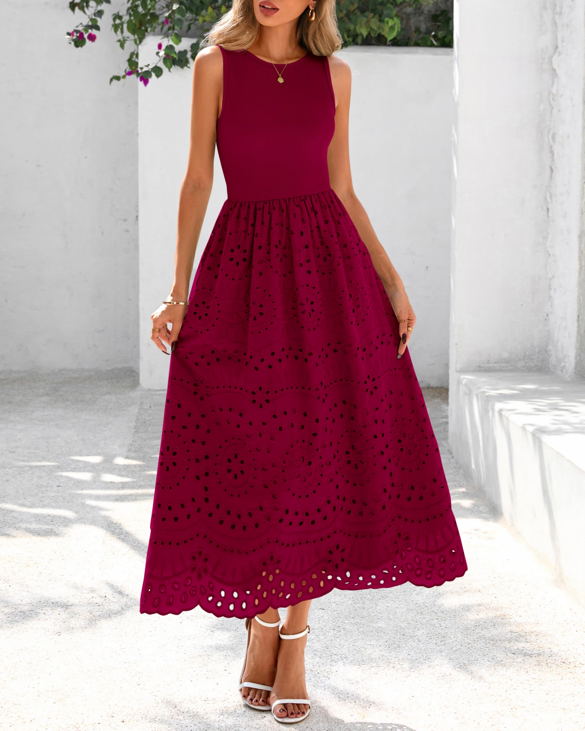 dowerme Abiti estivi da donna 2025 casual senza maniche girocollo A-Line Boho pizzo occhiello cotone canotta maxi abito con tasche