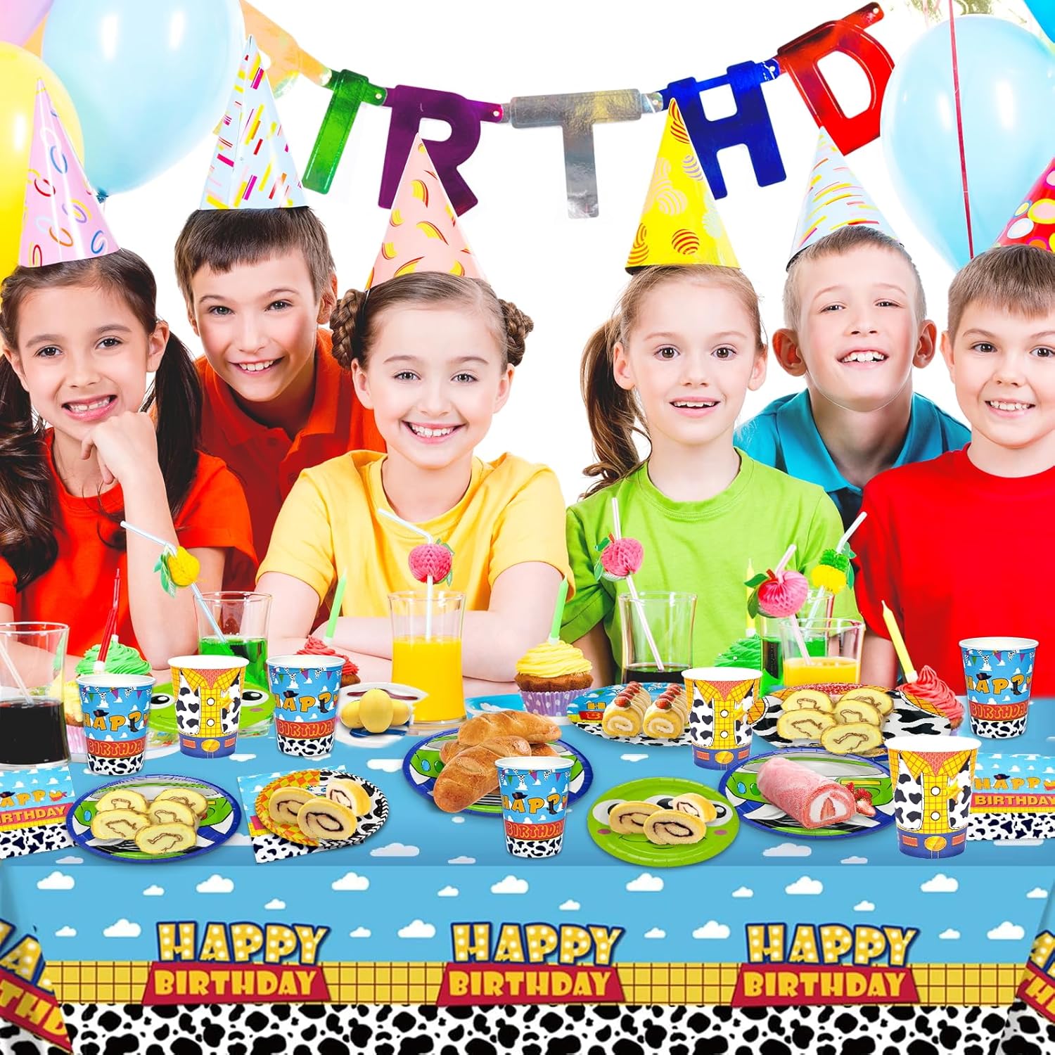Birthday Decorations Party Supplies, Toy Theme Birthday Party Favors 97 Pcs Including Disposable Dinnerware Set Tablecloth Paper Plates Cups Napkin, Serves 24 Guest