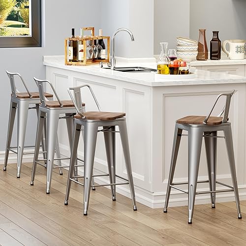 Miniatura 7 de Yongchuang Taburetes de bar giratorios con respaldo, juego de 4 taburetes de bar de metal industrial, sillas de bar (giratorias de 30 pulgadas,