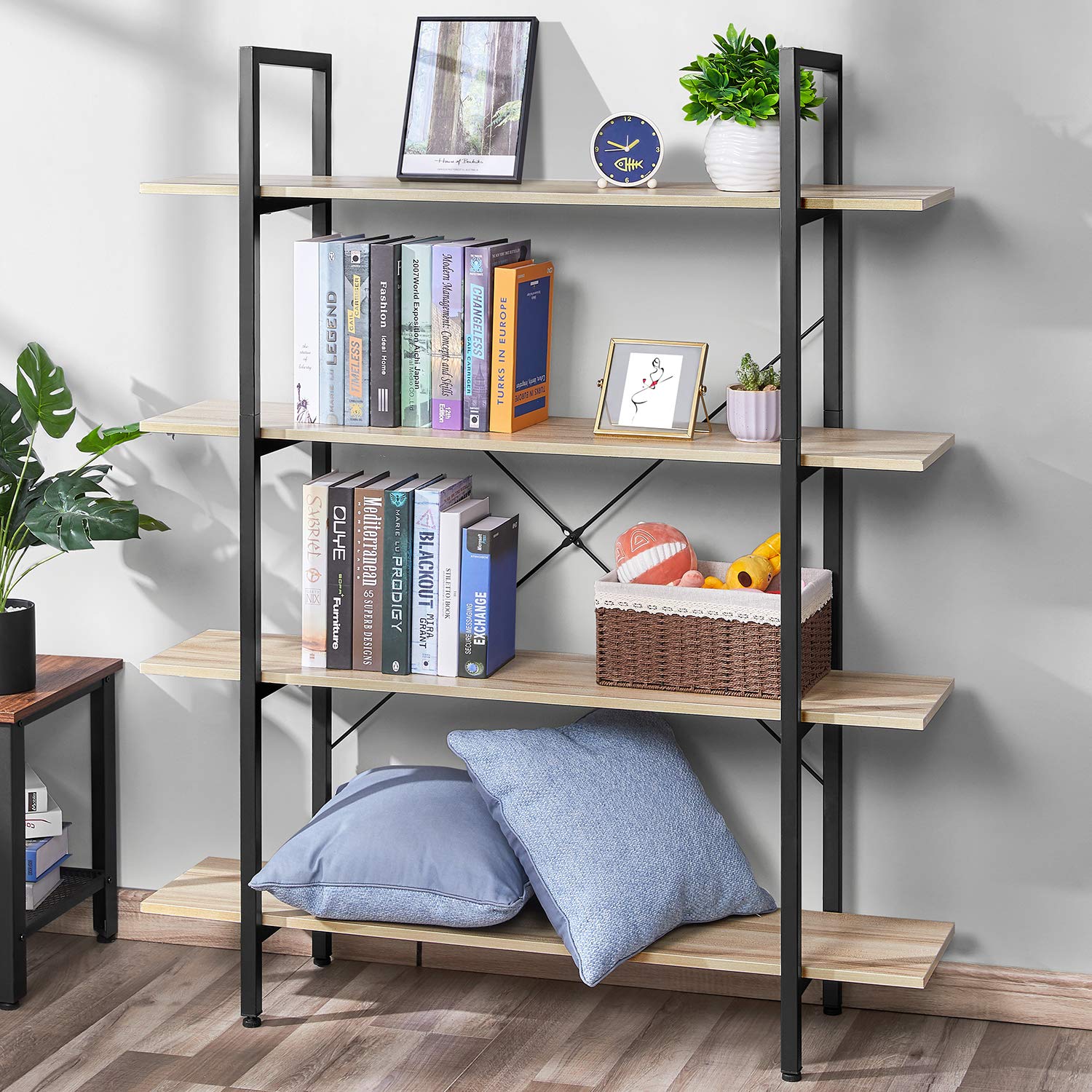 Buy Bookshelf Vintage Industrial 4 Tier Bookcase Solid Wood and Metal Frame Sturdy Bookshelves