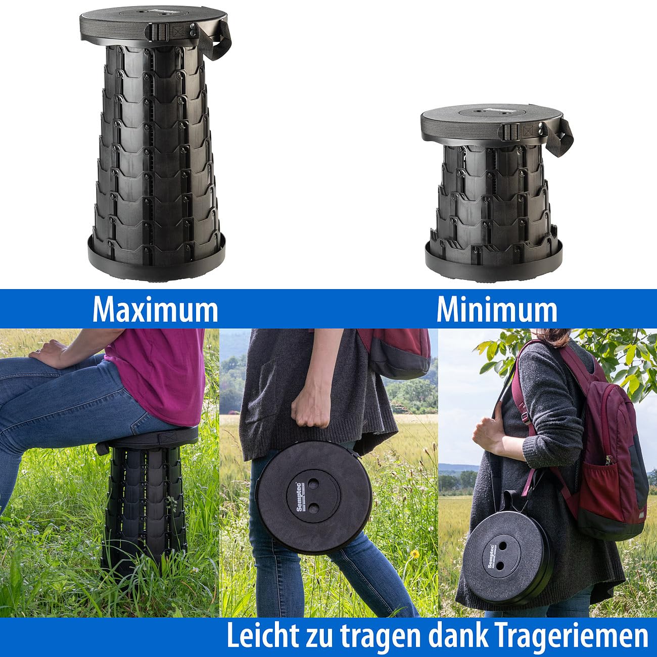 Semptec Urban Survival Technology Ausziehhocker: 4er-Set Tragbarer Teleskop-Hocker, höhenverstellbar, bis 200 kg (Sitz, Ausziehbarer Hocker, Stuhl)
