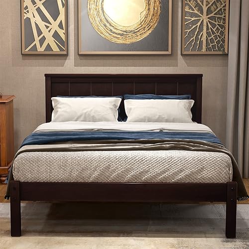 Miniatura 7 de Cama de plataforma de tamaño matrimonial marco de cama de plataforma de madera maciza con cabecera y soporte de listones de madera no necesita