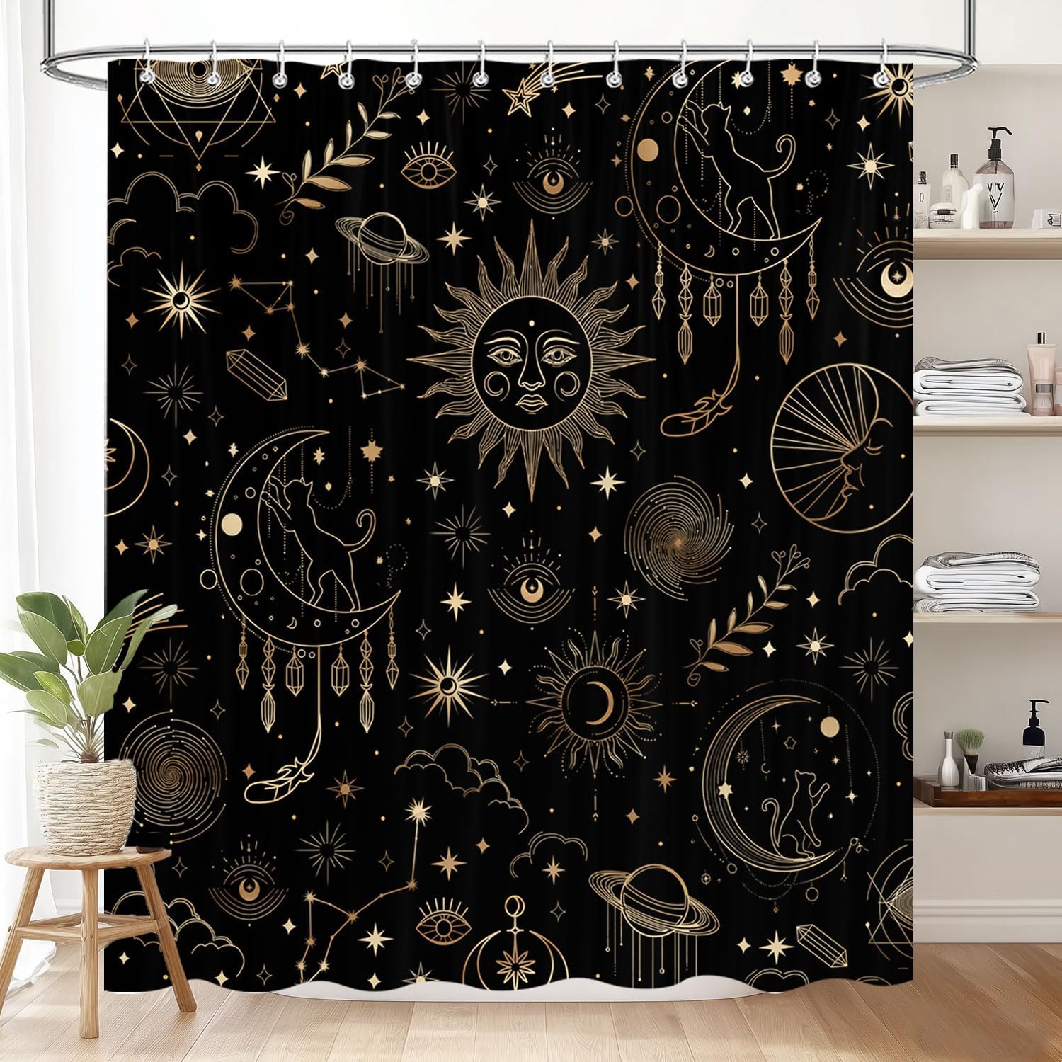 Black and Gold Witchy Shower Curtain, Sun and Moon Phase Stars Cat Celestial Bathroom Decor, Goth Mystical Zodiac Constellation Shower Curtains 72Wx72H with Hooks
